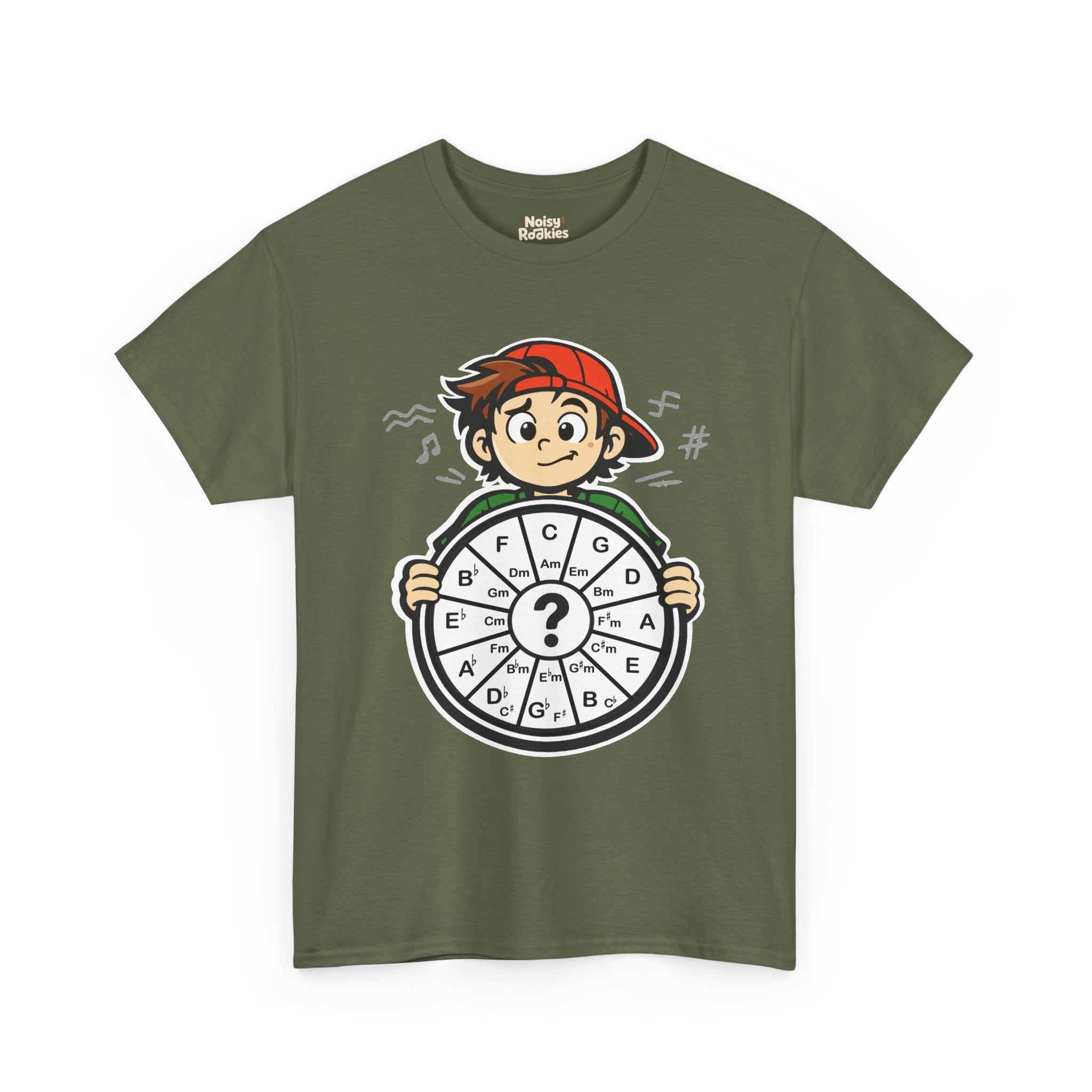 Dark-shirt design of a confused cartoon kid in a backward cap holding up a hand-drawn circle of fifths wheel with a large question mark in the center.