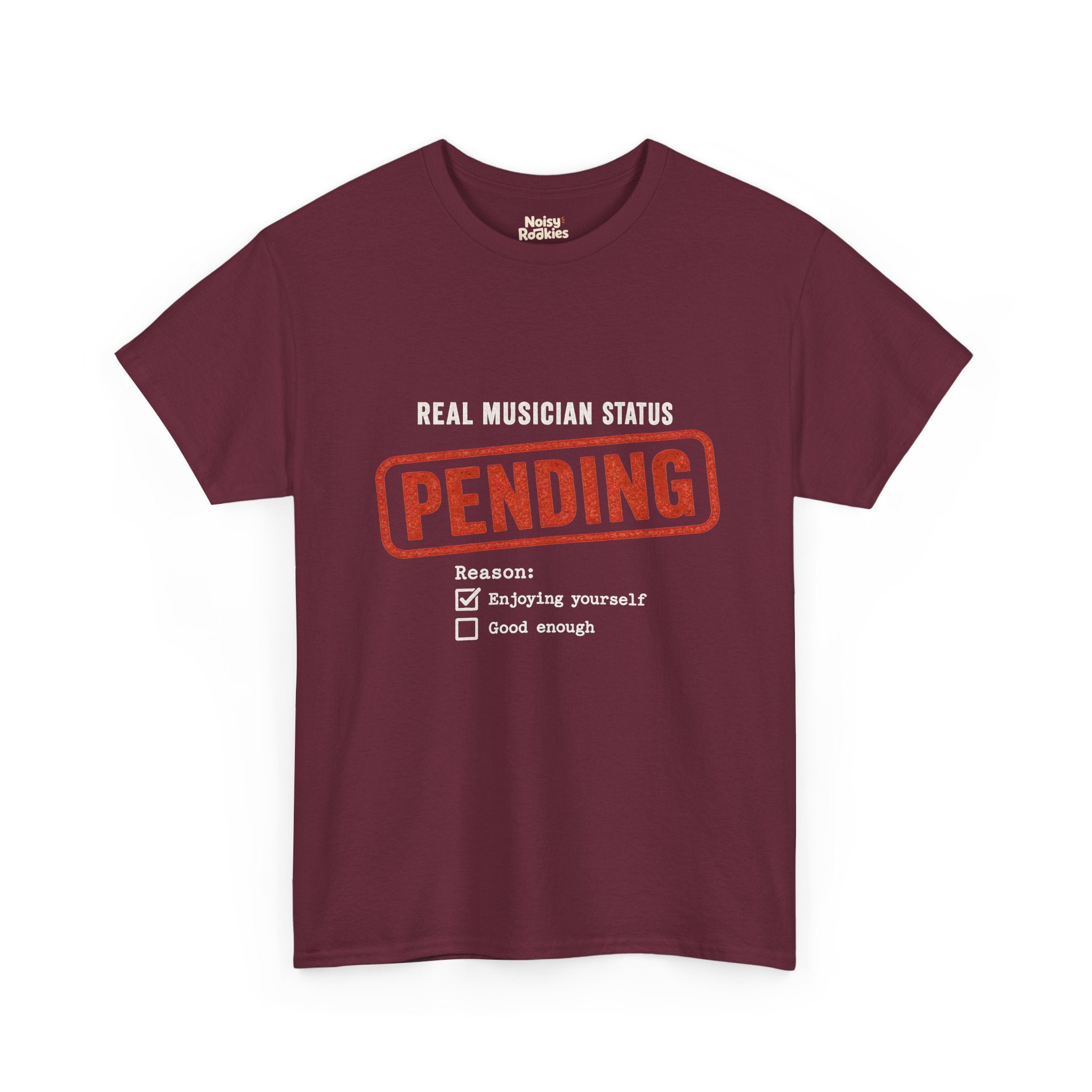 Typographic form design reading Real Musician Status with a large distressed red-orange PENDING rubber stamp, above a Reason checklist with Enjoying yourself checked and Good enough unchecked, printed in cream ink.