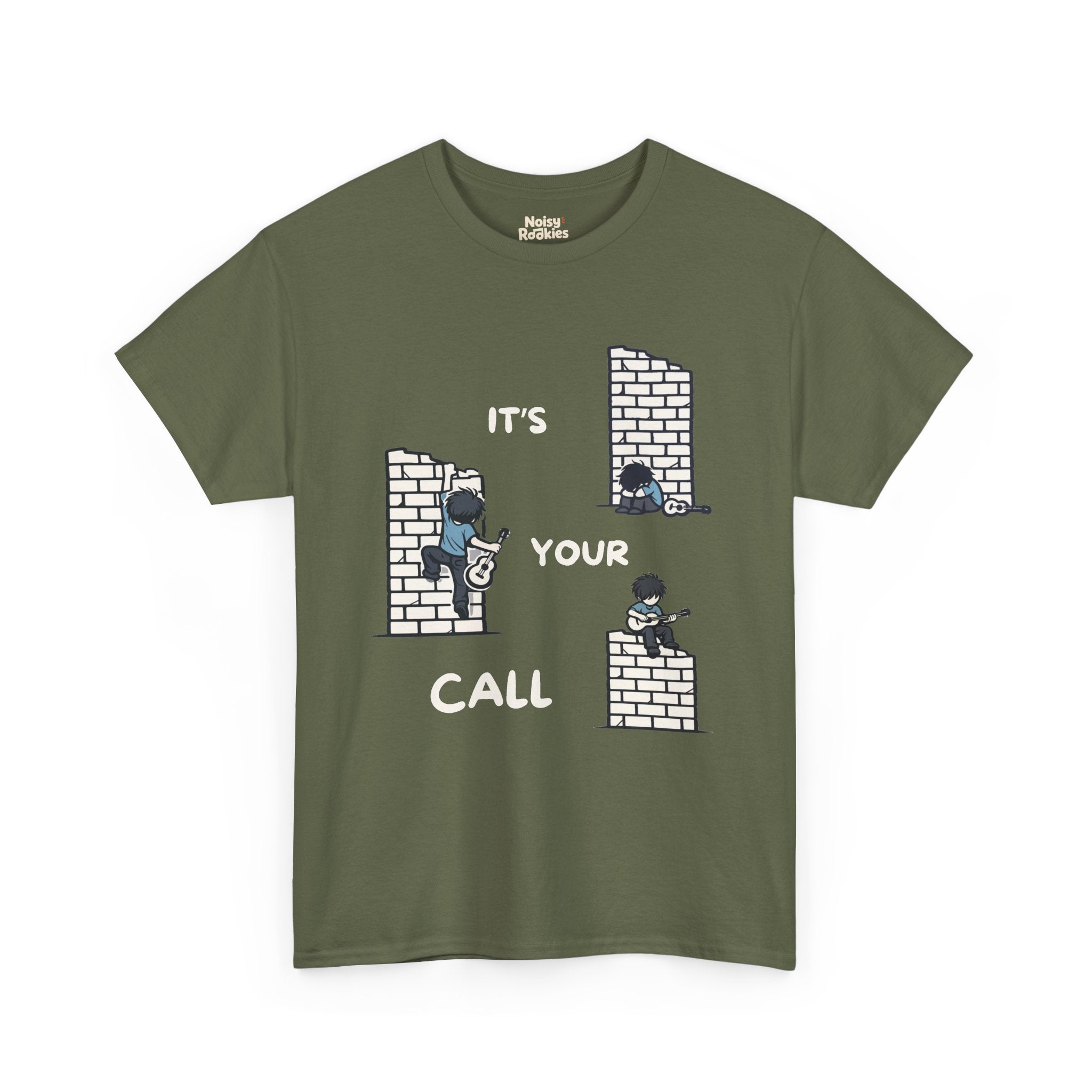Cartoon scene on a dark tee: three small guitarists at a brick wall (one slumped, one climbing, one playing on top) with white "IT'S YOUR CALL" lettering