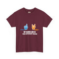 Light-ink t-shirt design of two hands making different gestures over two different sound waveforms, above the words My Hands Are in Two Different Bands.