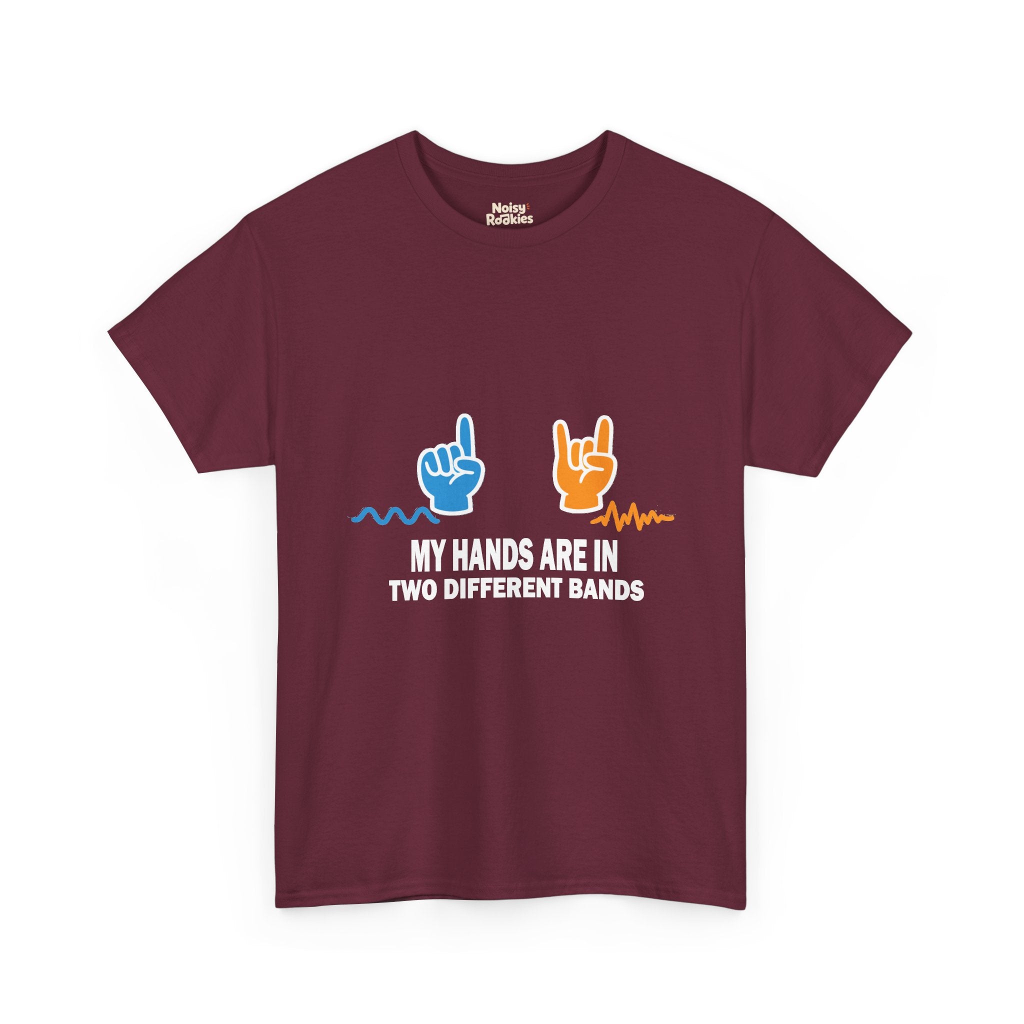Light-ink t-shirt design of two hands making different gestures over two different sound waveforms, above the words My Hands Are in Two Different Bands.
