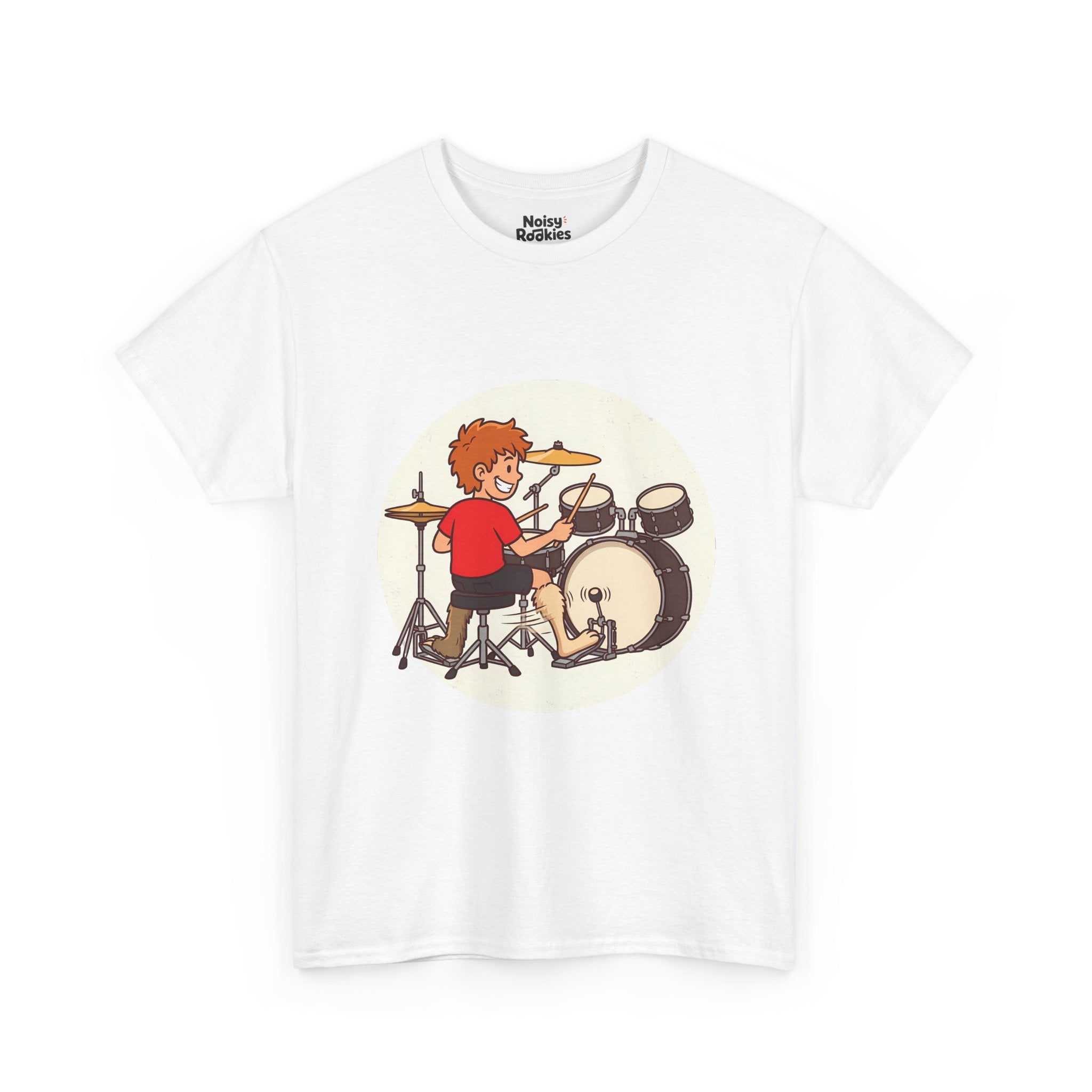 Cartoon of a grinning beginner drummer at a kit, seen from behind, with two mismatched furry animal legs, one fast rabbit foot on the bass pedal and one slow sloth foot on the hi-hat.