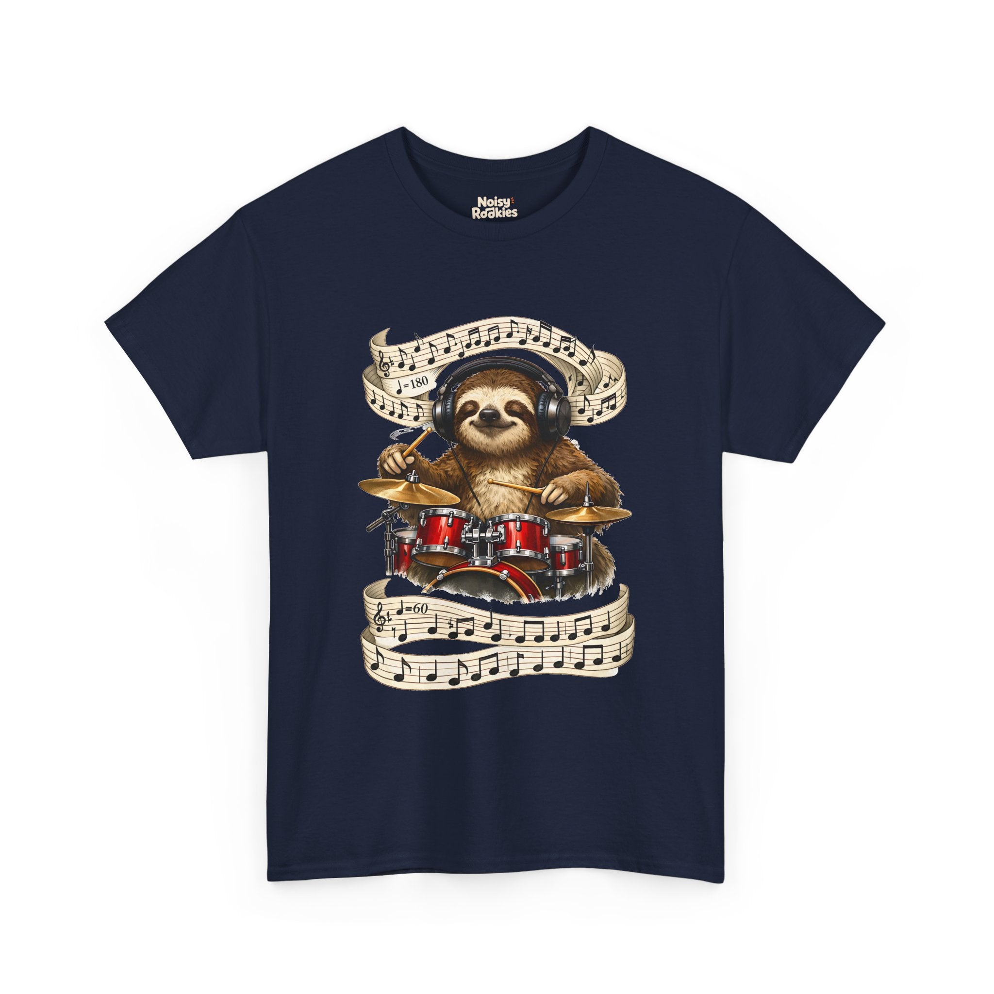 Illustration of a happy sloth wearing headphones, eyes closed and smiling, playing a bright red drum kit with drumsticks while ribbons of sheet music swirl around it, one marked 180 beats per minute and one marked 60.