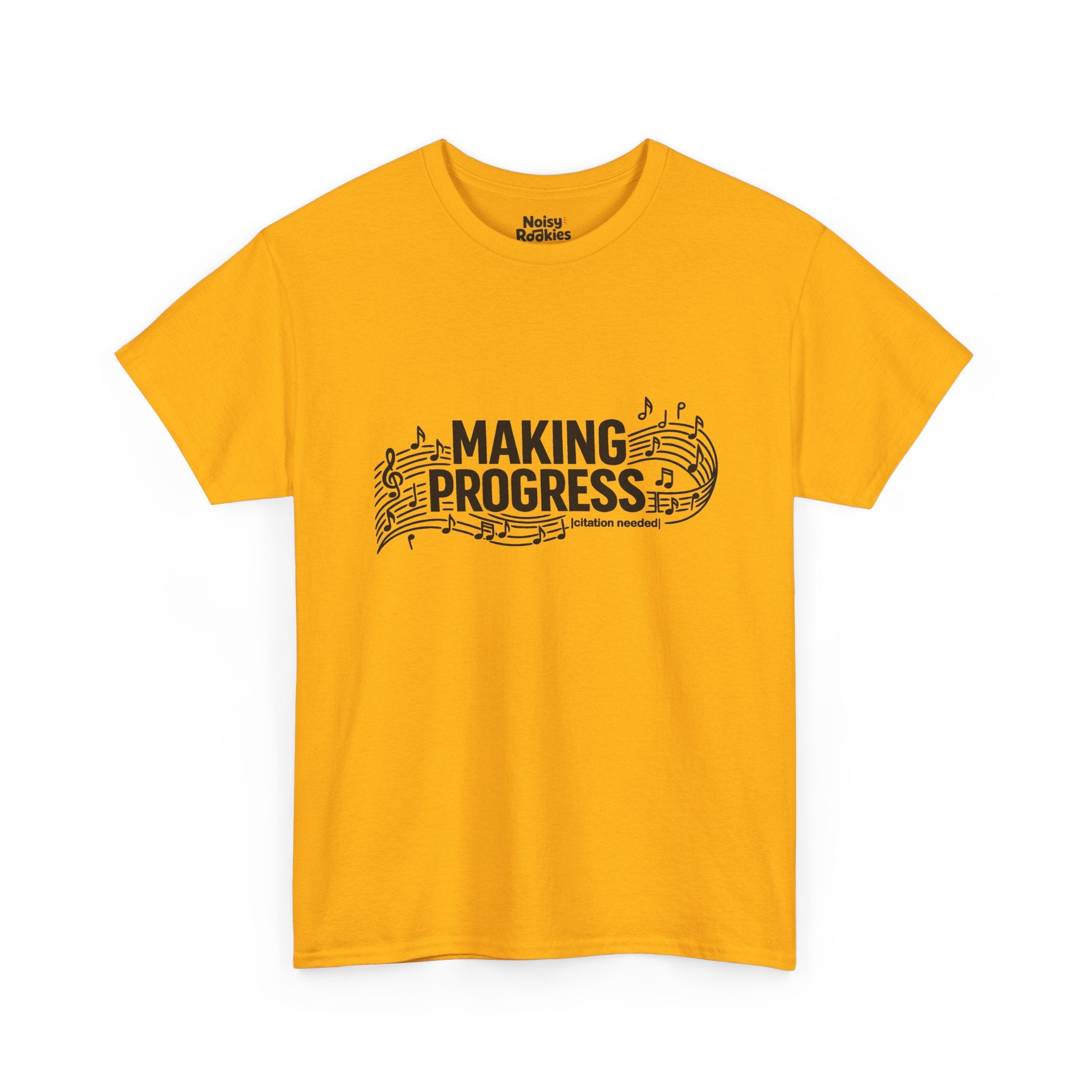 Dark-ink t-shirt design reading MAKING PROGRESS with a small "citation needed" tag, woven through a flowing musical staff with a treble clef and scattered notes.