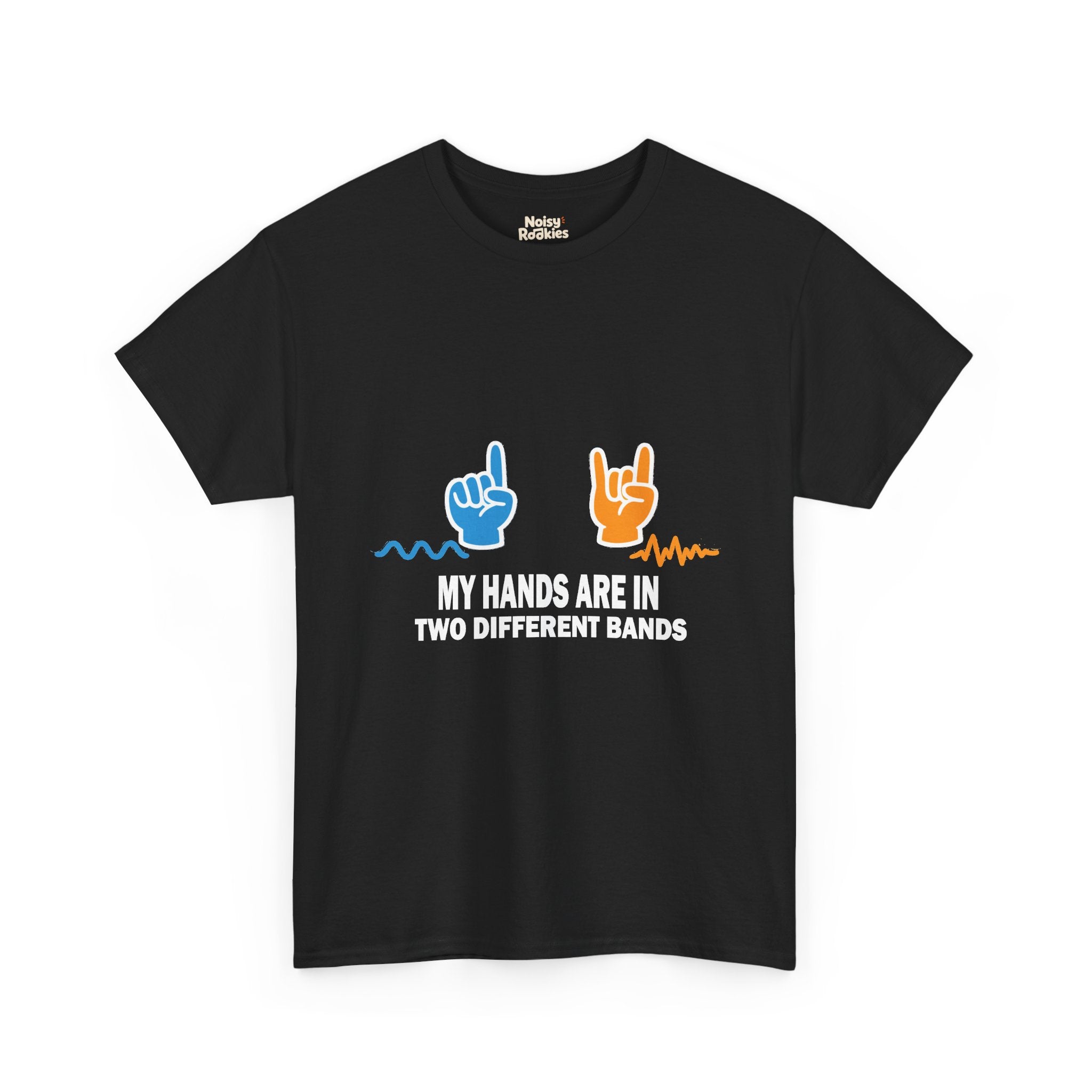 Light-ink t-shirt design of two hands making different gestures over two different sound waveforms, above the words My Hands Are in Two Different Bands.