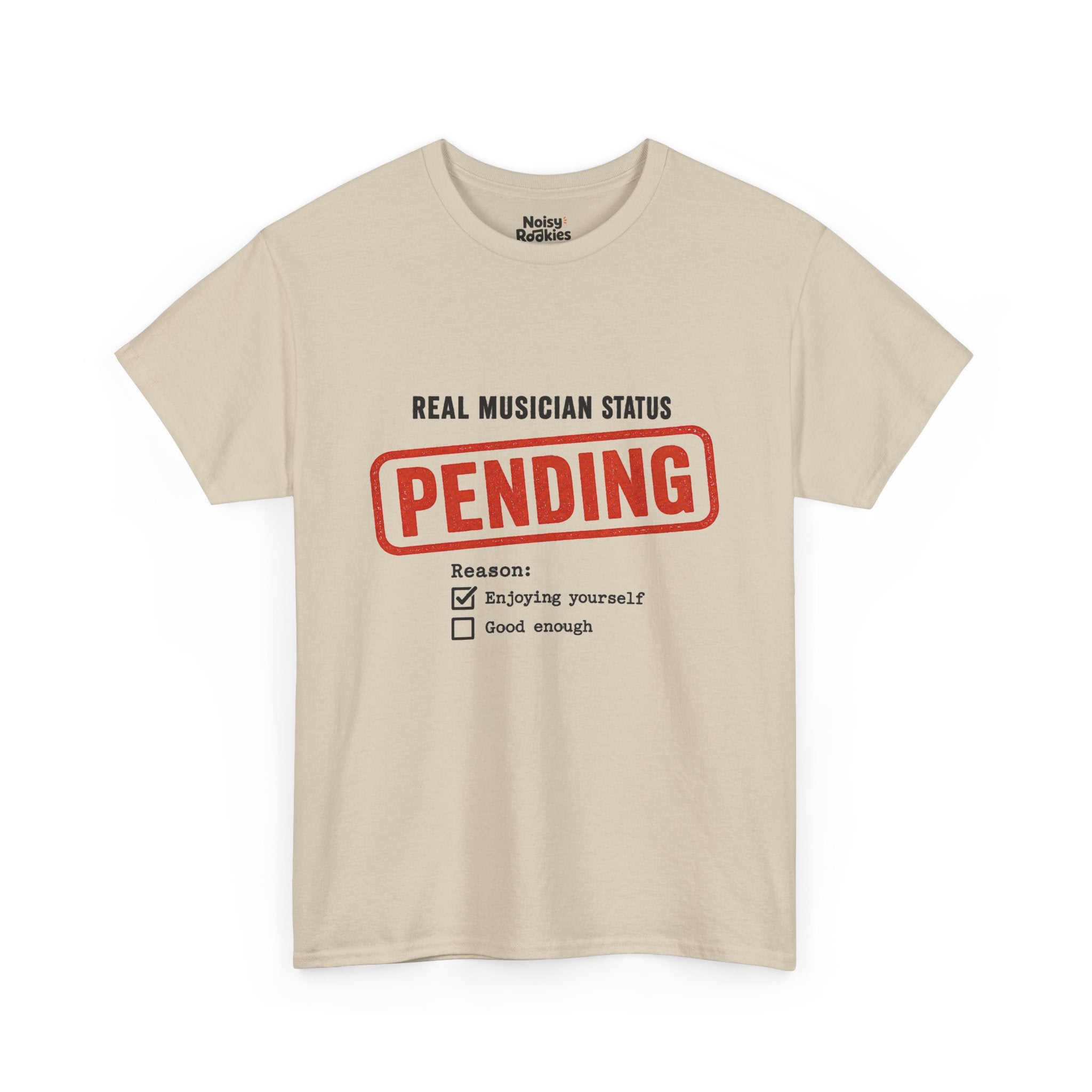 Typographic form design reading Real Musician Status with a large distressed red-orange PENDING rubber stamp, above a Reason checklist with Enjoying yourself checked and Good enough unchecked, printed in dark ink.