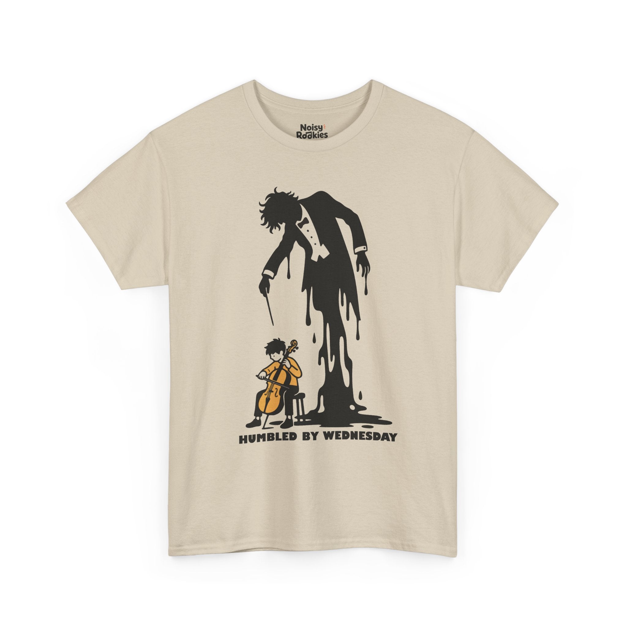 Illustration of a small beginner seated on a stool playing a cello, while a huge tuxedoed maestro silhouette with wild hair and a drooping baton melts and pours down into a puddle behind them, above the words HUMBLED BY WEDNESDAY, printed in black ink.
