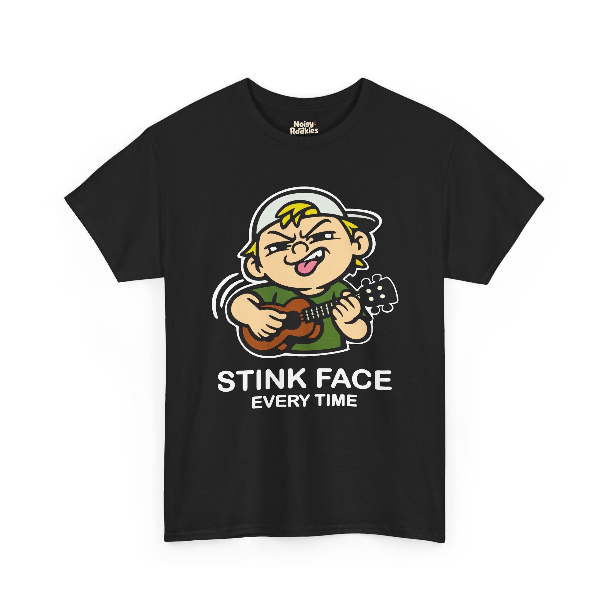 The same cartoon kid strumming a ukulele with the concentration grimace, outlined in a white keyline so the black linework lifts off a dark shirt. White caption beneath reads STINK FACE on the first line and EVERY TIME on the second.