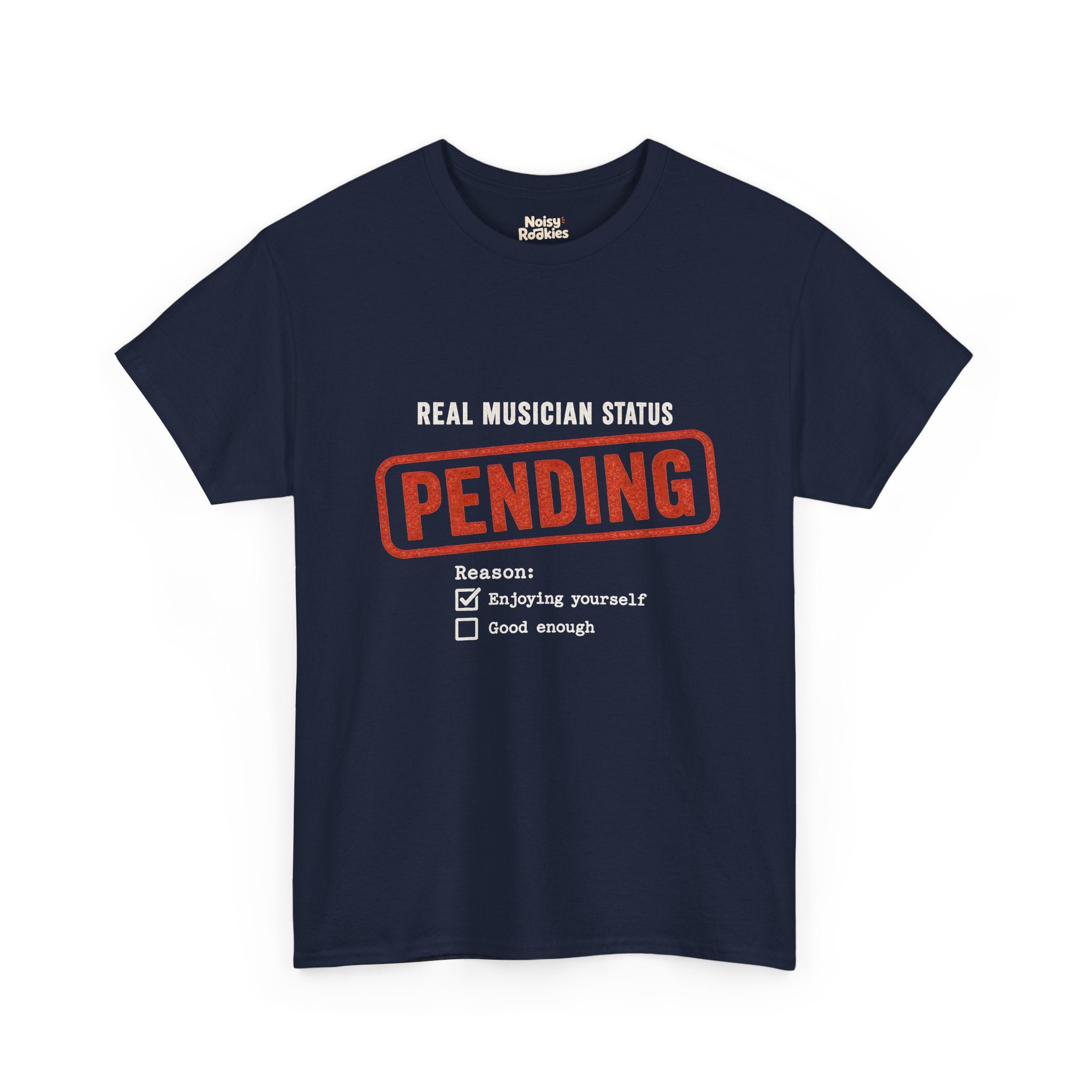 Typographic form design reading Real Musician Status with a large distressed red-orange PENDING rubber stamp, above a Reason checklist with Enjoying yourself checked and Good enough unchecked, printed in cream ink.