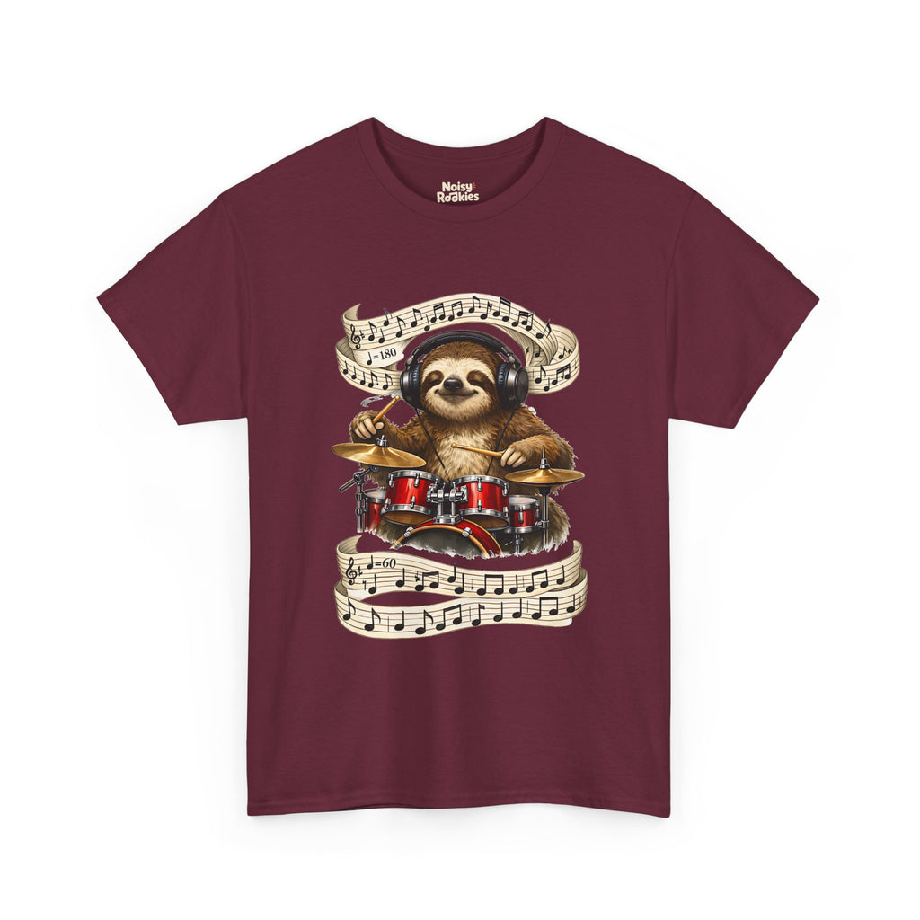 Illustration of a happy sloth wearing headphones, eyes closed and smiling, playing a bright red drum kit with drumsticks while ribbons of sheet music swirl around it, one marked 180 beats per minute and one marked 60.