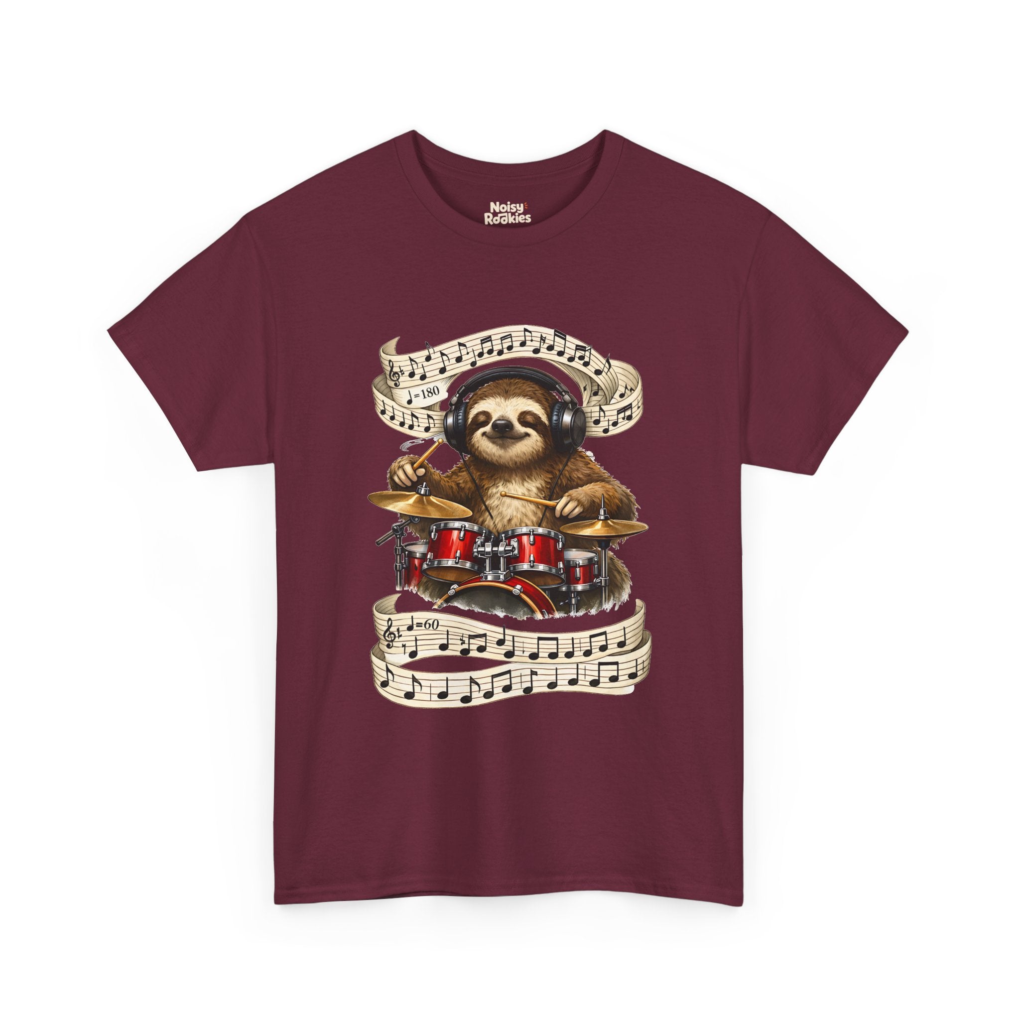 Illustration of a happy sloth wearing headphones, eyes closed and smiling, playing a bright red drum kit with drumsticks while ribbons of sheet music swirl around it, one marked 180 beats per minute and one marked 60.