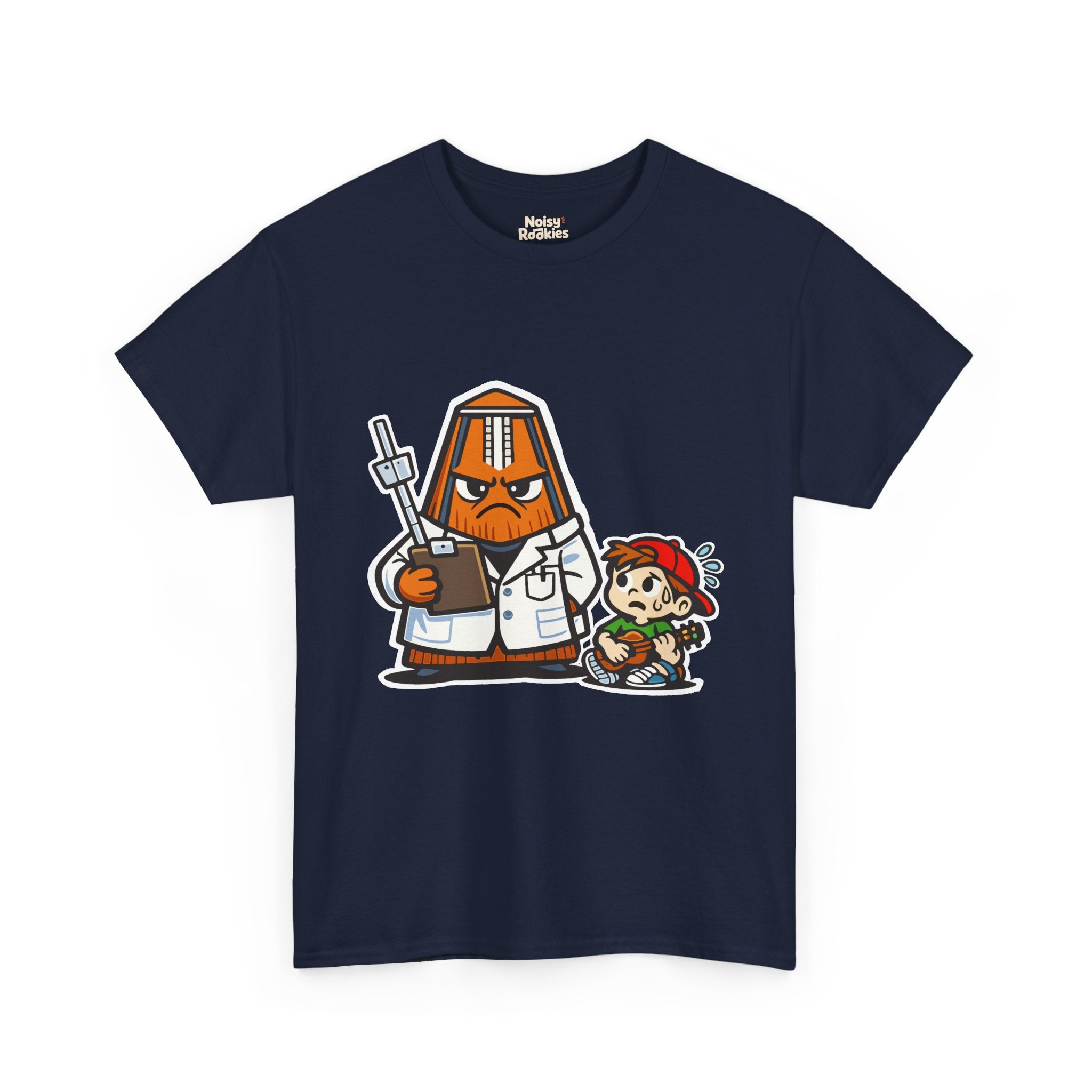 Dark-shirt design of a cartoon metronome dressed as a stern doctor in a white coat holding a clipboard, with a nervous, sweating beginner sitting beside it.