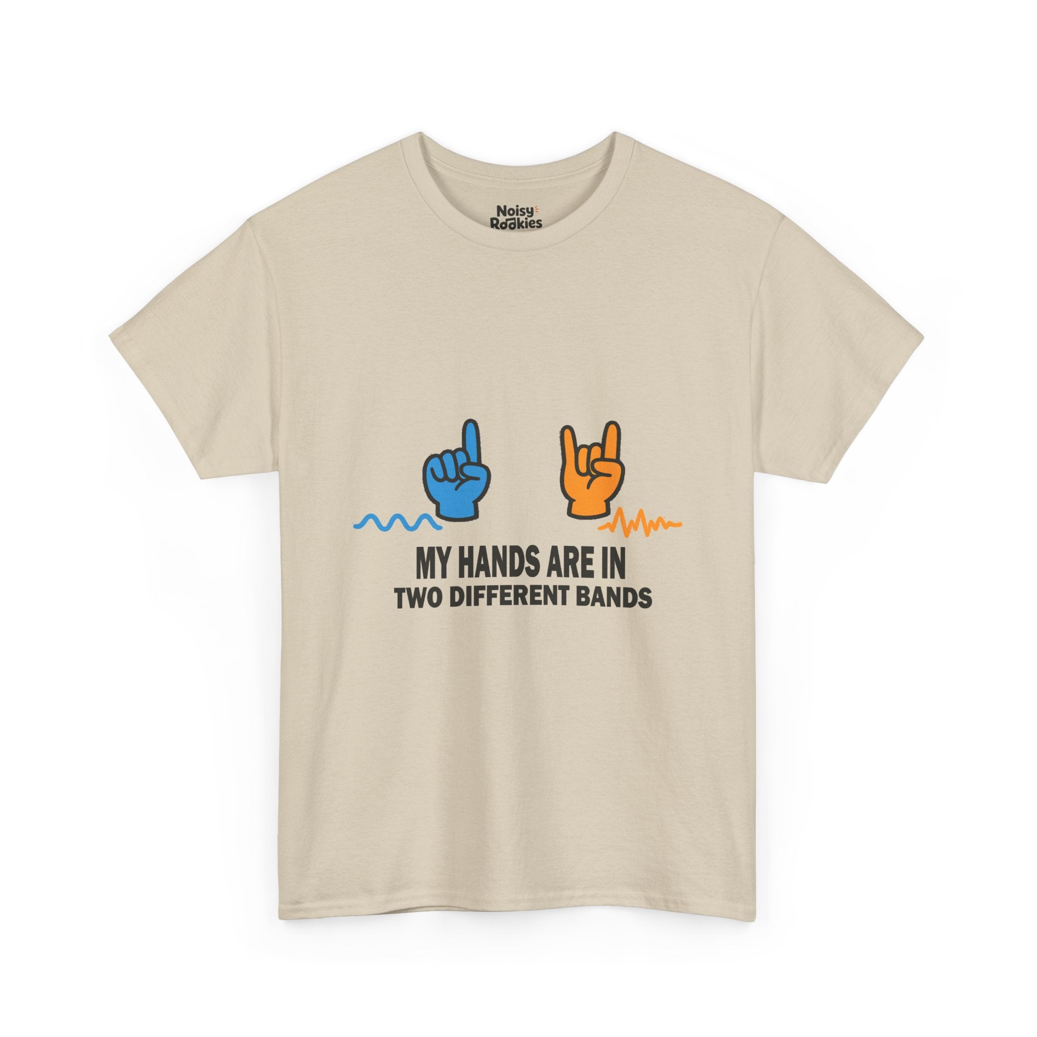 Dark-ink t-shirt design of two hands making different gestures over two different sound waveforms, above the words My Hands Are in Two Different Bands.