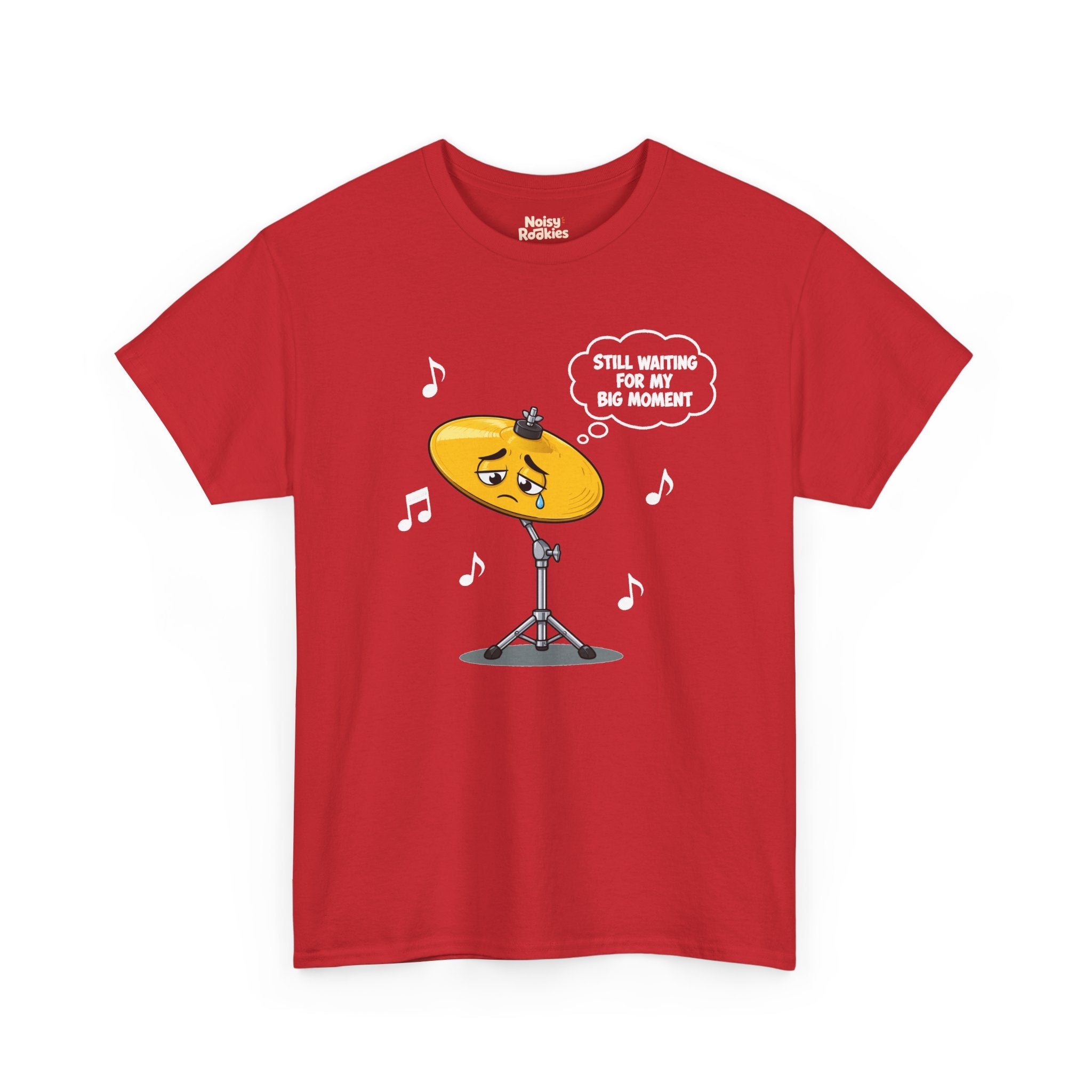 Dark-shirt design of a sad cartoon cymbal on a stand with a single tear, a thought bubble reading Still Waiting for My Big Moment, surrounded by music notes.