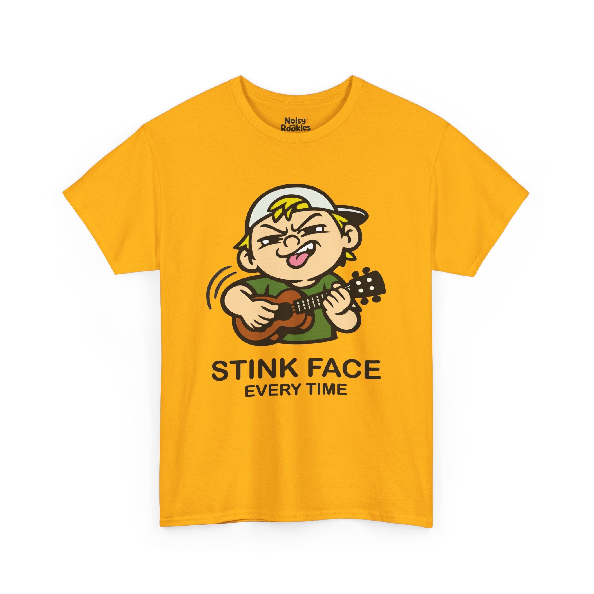 A cartoon kid in a backwards cap and a green tee strumming a ukulele, face screwed up in total concentration with the nose wrinkled, one eye squinted shut, teeth bared and tongue out, motion arcs trailing the strumming hand. Black caption beneath reads STINK FACE on the first line and EVERY TIME on the second.