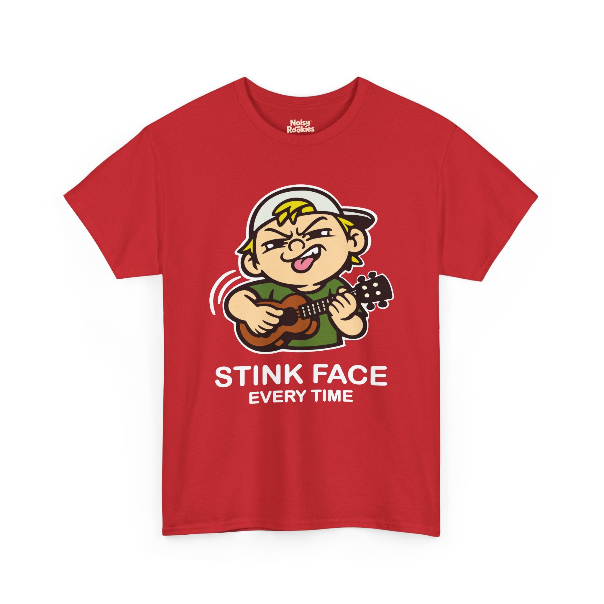 The same cartoon kid strumming a ukulele with the concentration grimace, outlined in a white keyline so the black linework lifts off a dark shirt. White caption beneath reads STINK FACE on the first line and EVERY TIME on the second.
