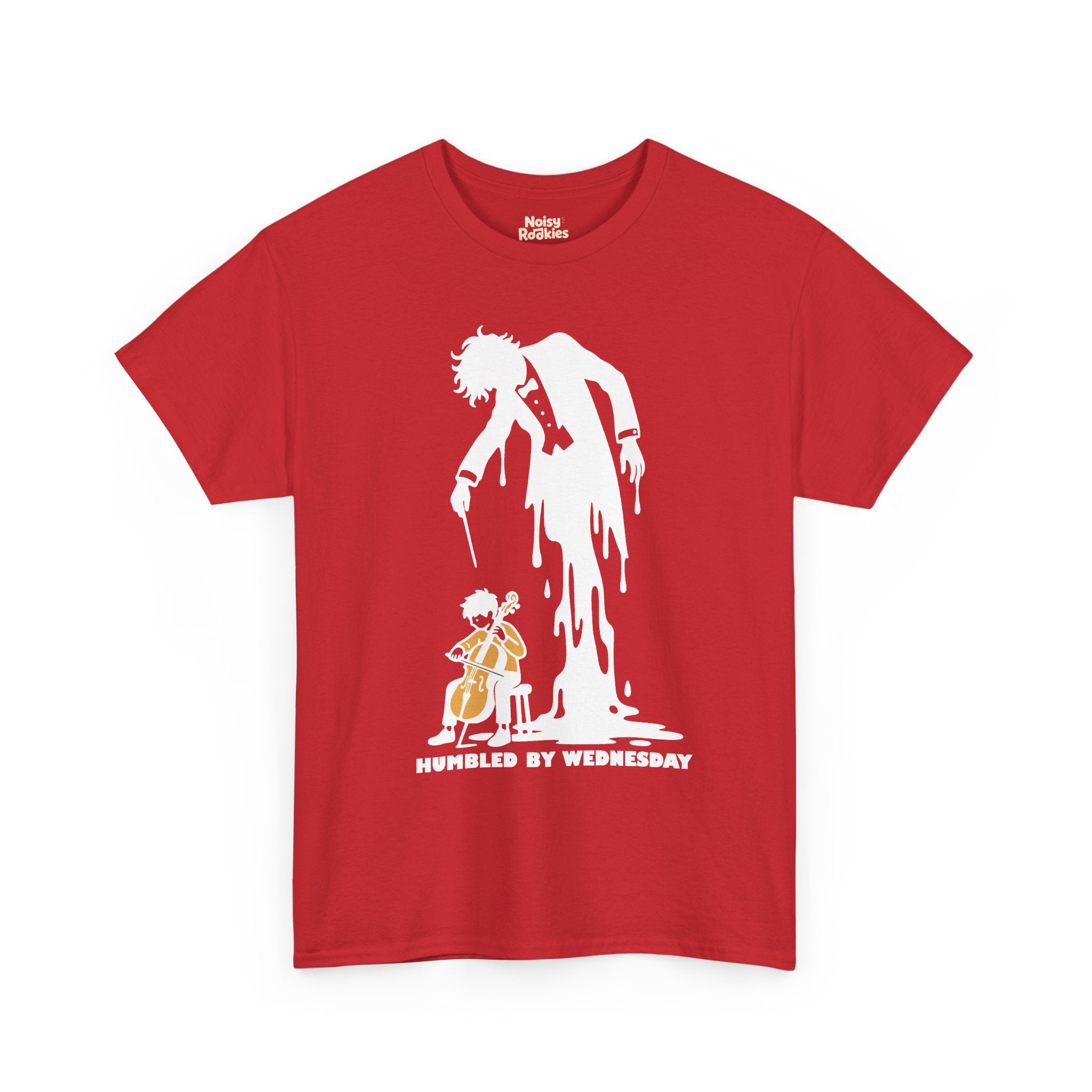 Illustration of a small beginner seated on a stool playing a cello, while a huge tuxedoed maestro silhouette with wild hair and a drooping baton melts and pours down into a puddle behind them, above the words HUMBLED BY WEDNESDAY, printed in white ink.