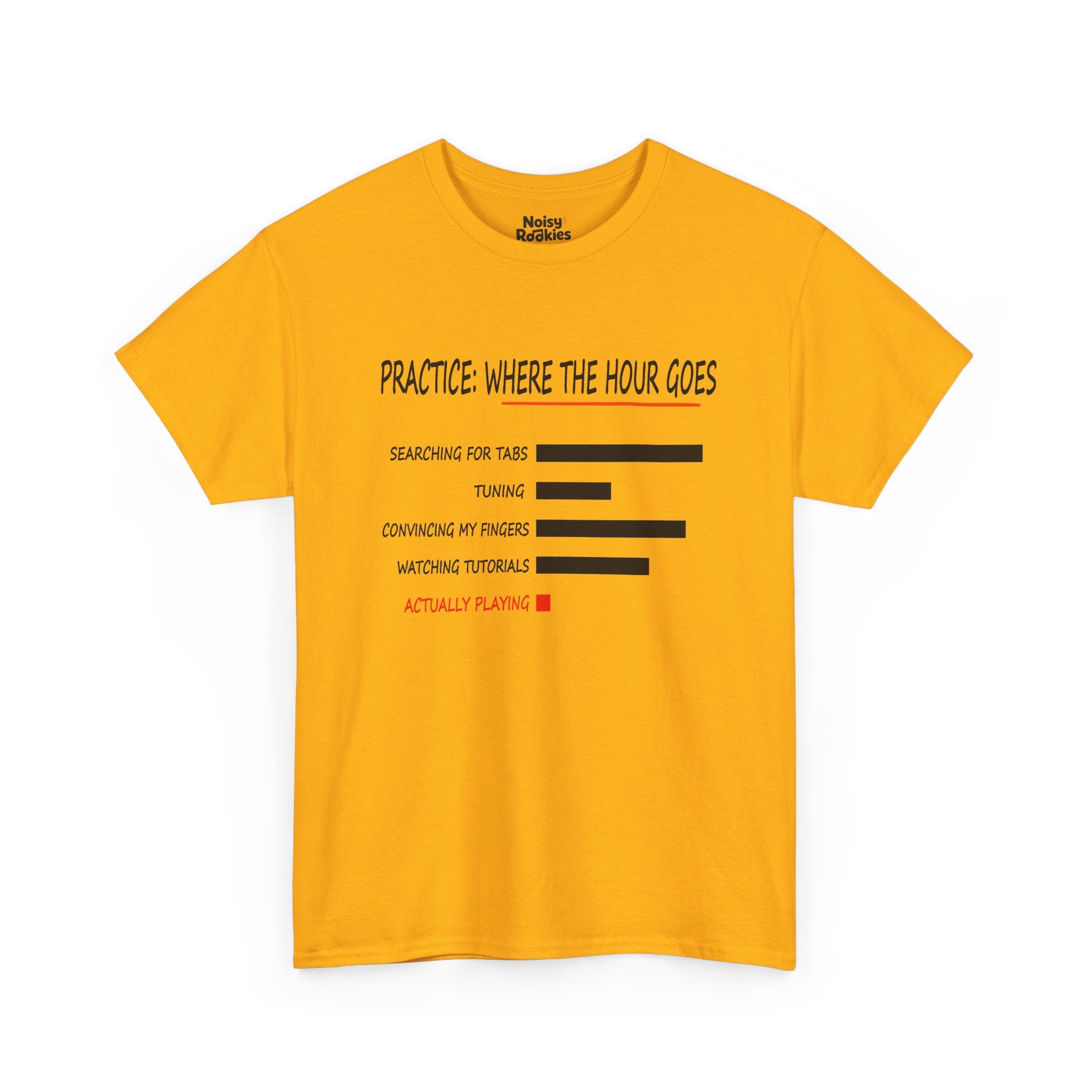 Minimalist black bar chart printed on a light t-shirt, headed PRACTICE: WHERE THE HOUR GOES in a hand-drawn condensed capital font with an orange brush underline. Five labelled rows read searching for tabs, tuning, convincing my fingers, watching tutorials, and actually playing, the first four with long black bars and the last with a tiny red square, its label also in red.