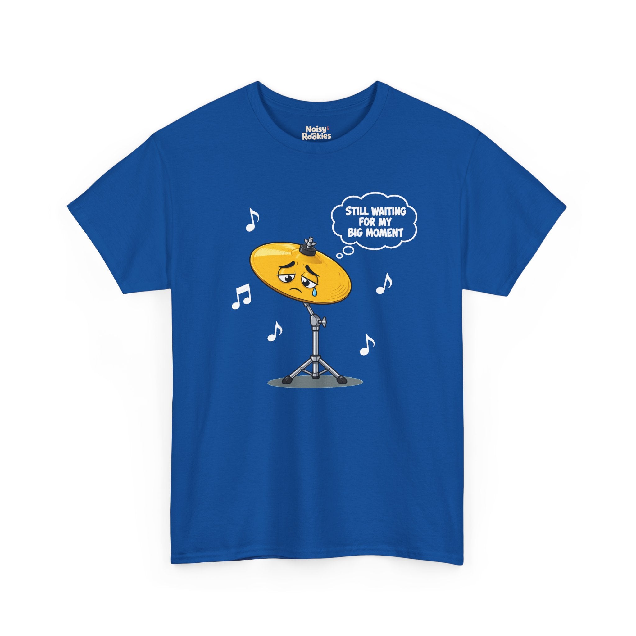 Dark-shirt design of a sad cartoon cymbal on a stand with a single tear, a thought bubble reading Still Waiting for My Big Moment, surrounded by music notes.