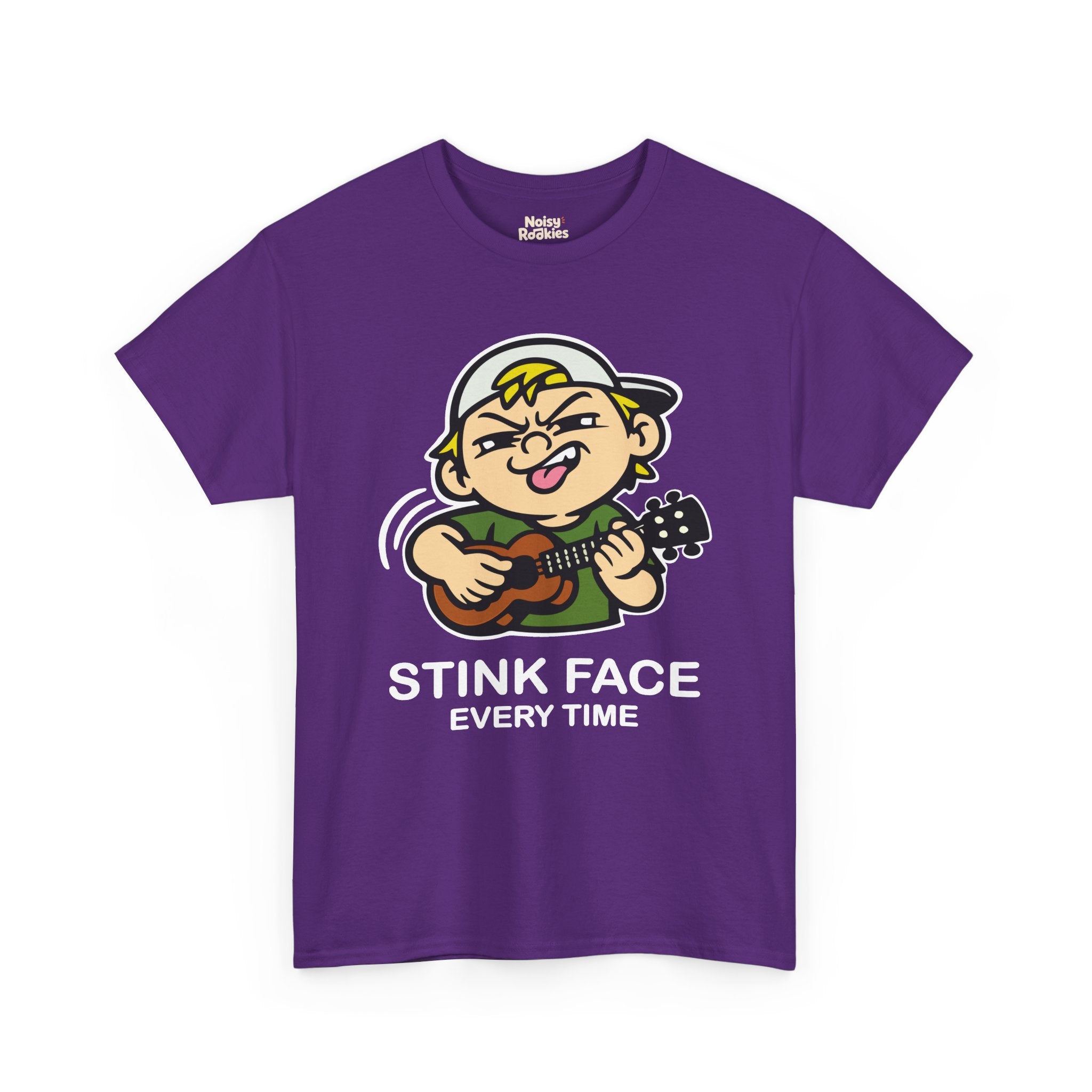 The same cartoon kid strumming a ukulele with the concentration grimace, outlined in a white keyline so the black linework lifts off a dark shirt. White caption beneath reads STINK FACE on the first line and EVERY TIME on the second.
