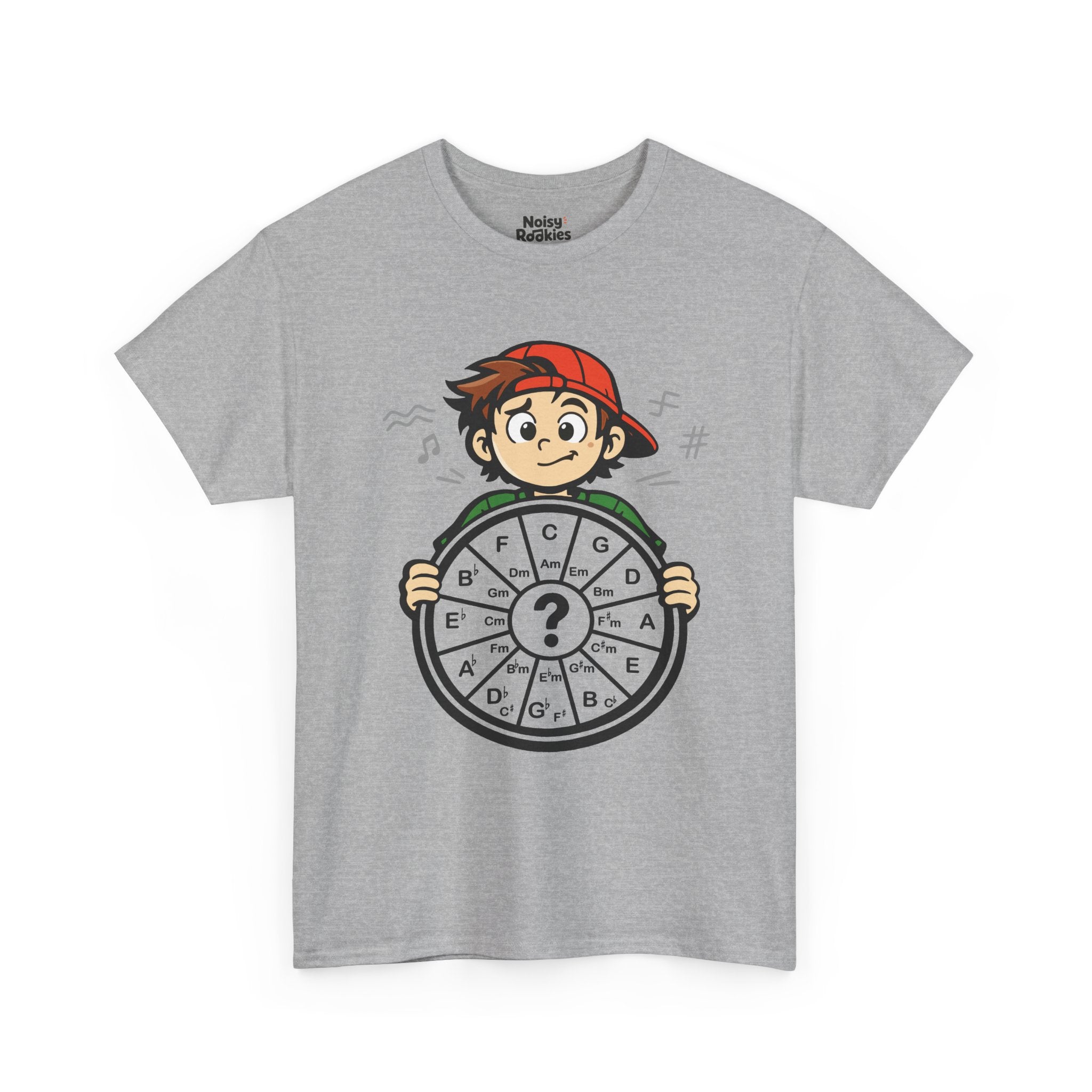 Light-shirt design of a confused cartoon kid in a backward cap holding up a hand-drawn circle of fifths wheel with a large question mark in the center.