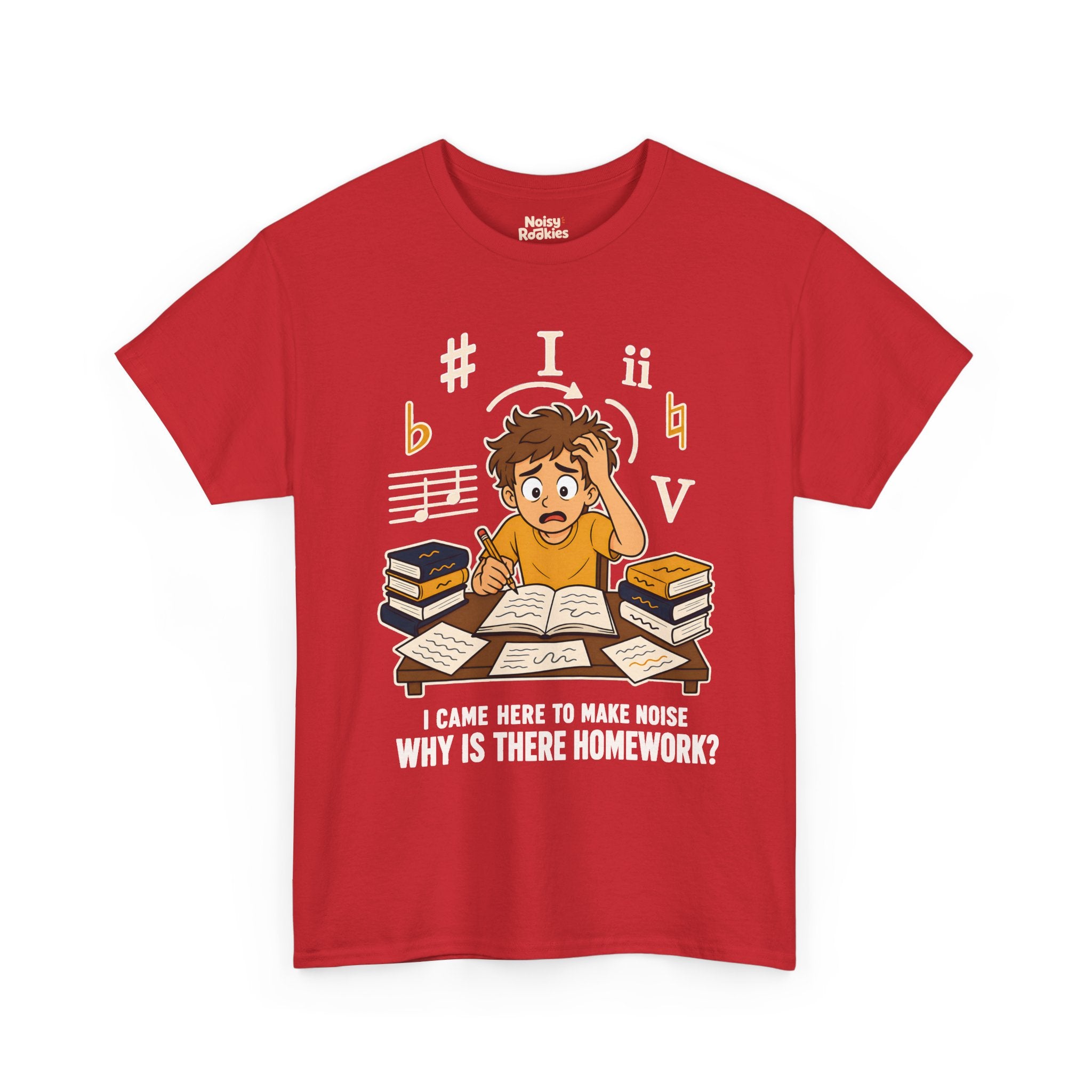 Cartoon illustration of an overwhelmed young beginner musician at a desk piled with theory books and loose papers, holding a pencil and gripping his hair, surrounded by oversized cream and gold music symbols including a sharp, a flat, a natural, the Roman numerals I, ii and V, and a staff fragment. Cream text below reads I came here to make noise, why is there homework?