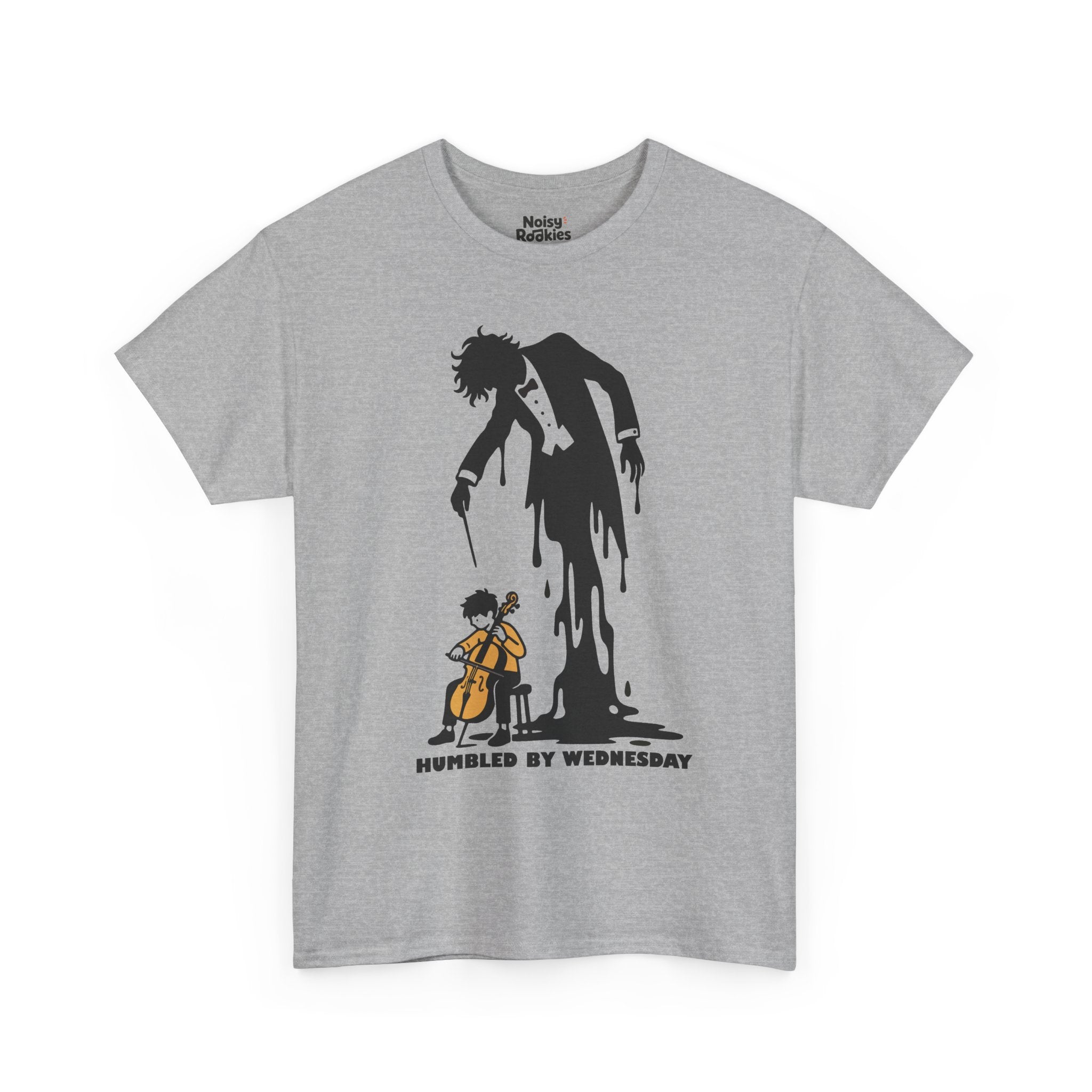 Illustration of a small beginner seated on a stool playing a cello, while a huge tuxedoed maestro silhouette with wild hair and a drooping baton melts and pours down into a puddle behind them, above the words HUMBLED BY WEDNESDAY, printed in black ink.