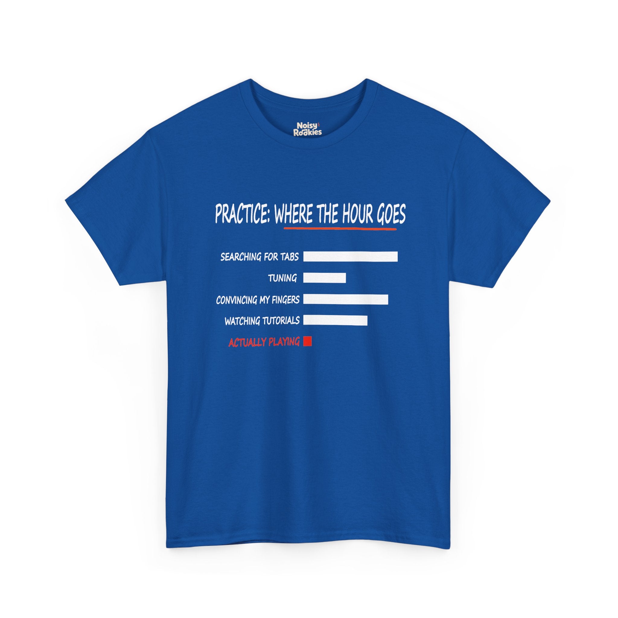 Minimalist bar chart printed in white outline on a dark t-shirt, headed PRACTICE: WHERE THE HOUR GOES in a hand-drawn condensed capital font with an orange brush underline. Five labelled rows read searching for tabs, tuning, convincing my fingers, watching tutorials, and actually playing, the first four as long hollow white bars and the last as a tiny solid red square with its label in red.