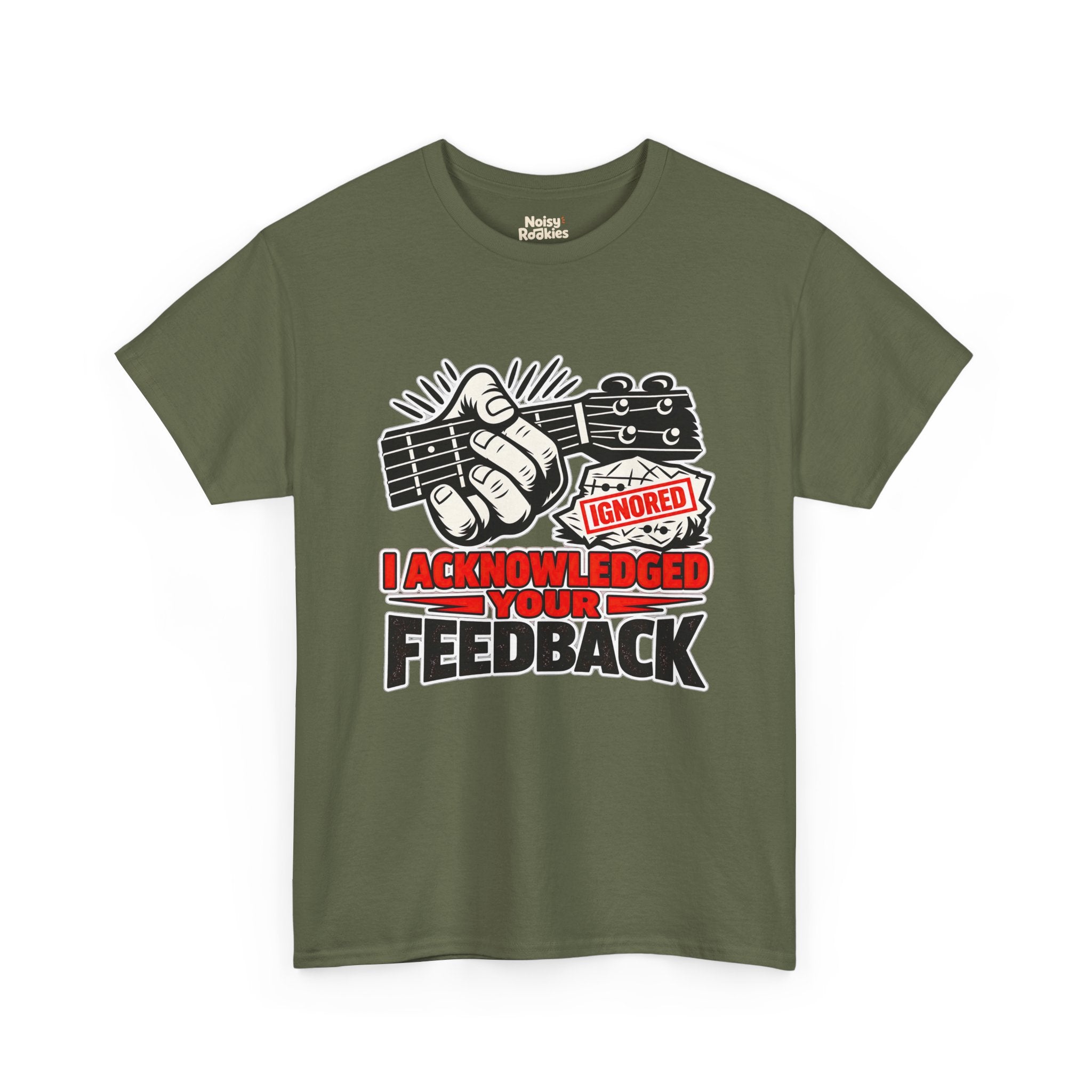 T-shirt design of a hand gripping a four string fretted neck in a deliberately wrong fist grip, beside a crumpled chord diagram stamped IGNORED in red, with the bold caption I ACKNOWLEDGED YOUR FEEDBACK below in red and black outlined letters.