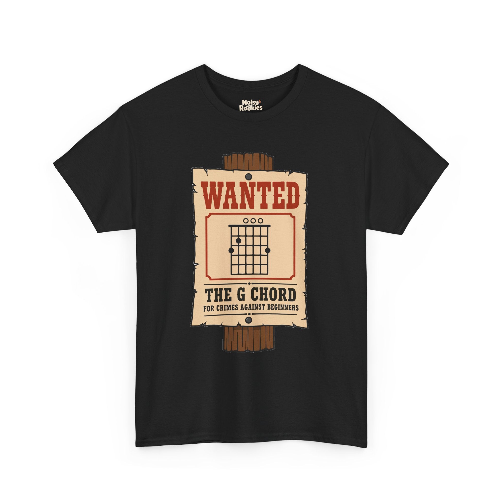 Vintage western wanted poster nailed to a wooden post, with a G major open guitar chord diagram as the mugshot and the words Wanted, The G Chord, For Crimes Against Beginners.