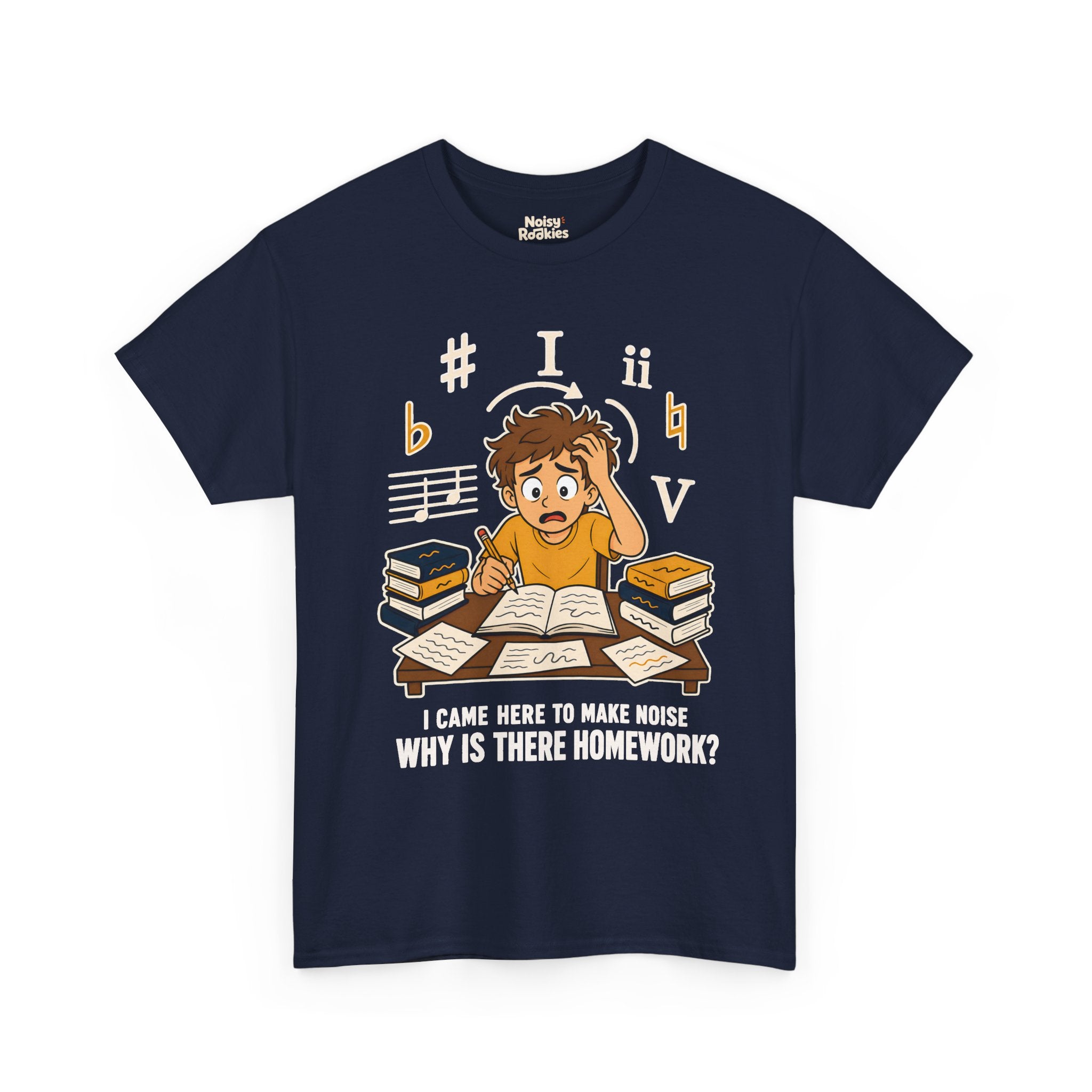 Cartoon illustration of an overwhelmed young beginner musician at a desk piled with theory books and loose papers, holding a pencil and gripping his hair, surrounded by oversized cream and gold music symbols including a sharp, a flat, a natural, the Roman numerals I, ii and V, and a staff fragment. Cream text below reads I came here to make noise, why is there homework?