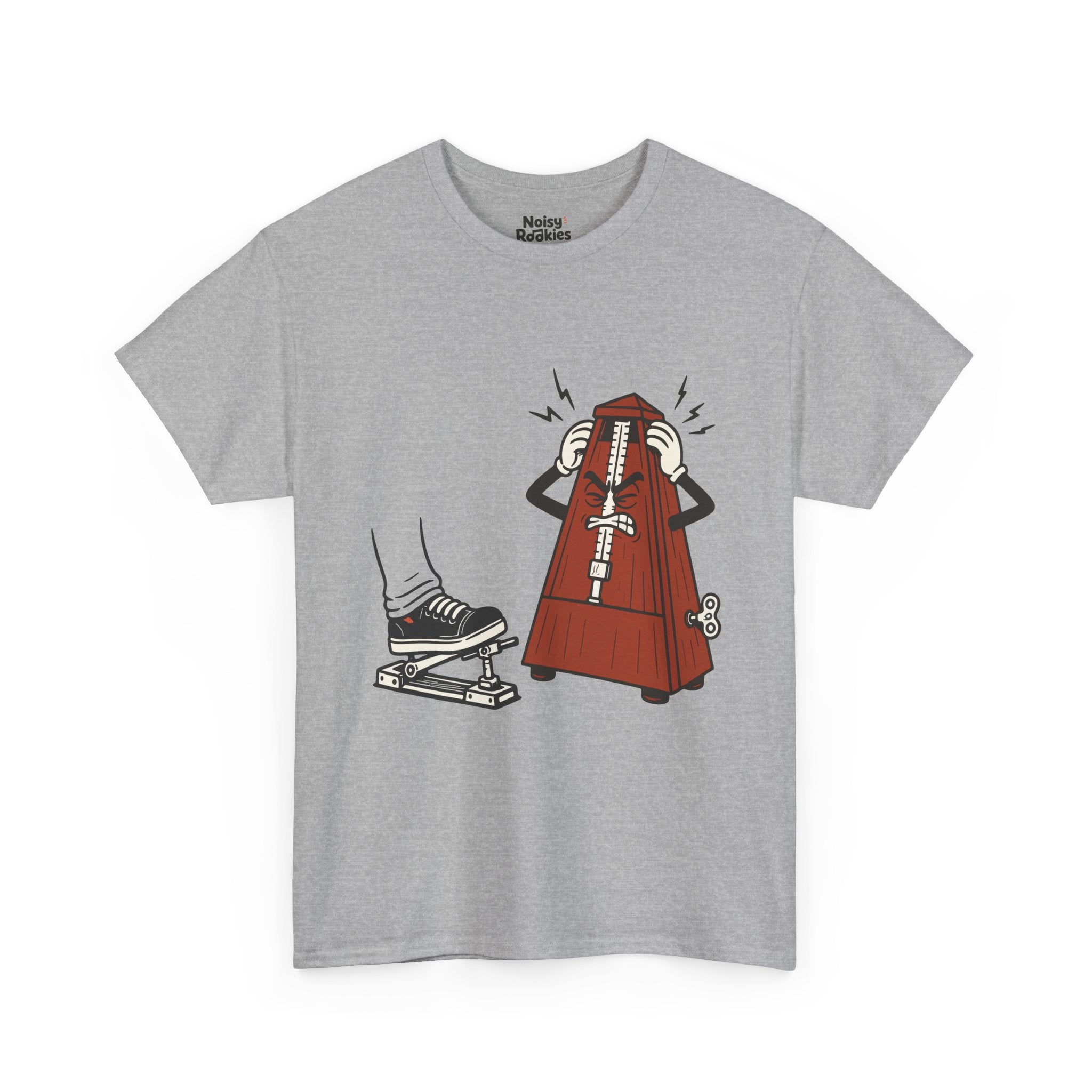 Cartoon illustration of a rust red wooden wind-up metronome character with an angry, gritted-teeth face, gripping the sides of its own head with both gloved hands while jagged anger bolts radiate around it, glaring at a motionless black sneaker resting on a hi-hat pedal. Dark ink line work, no text on the design.