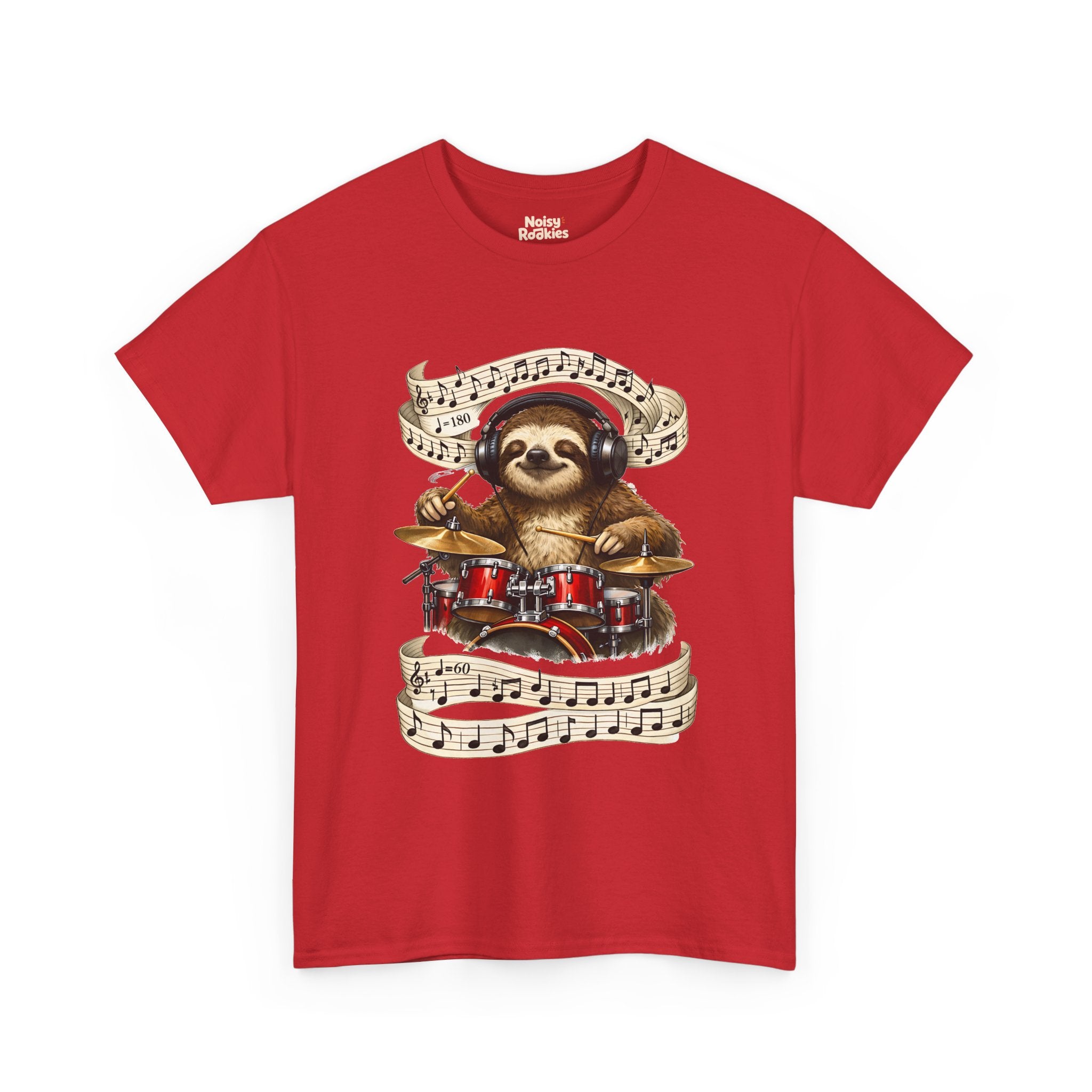 Illustration of a happy sloth wearing headphones, eyes closed and smiling, playing a bright red drum kit with drumsticks while ribbons of sheet music swirl around it, one marked 180 beats per minute and one marked 60.