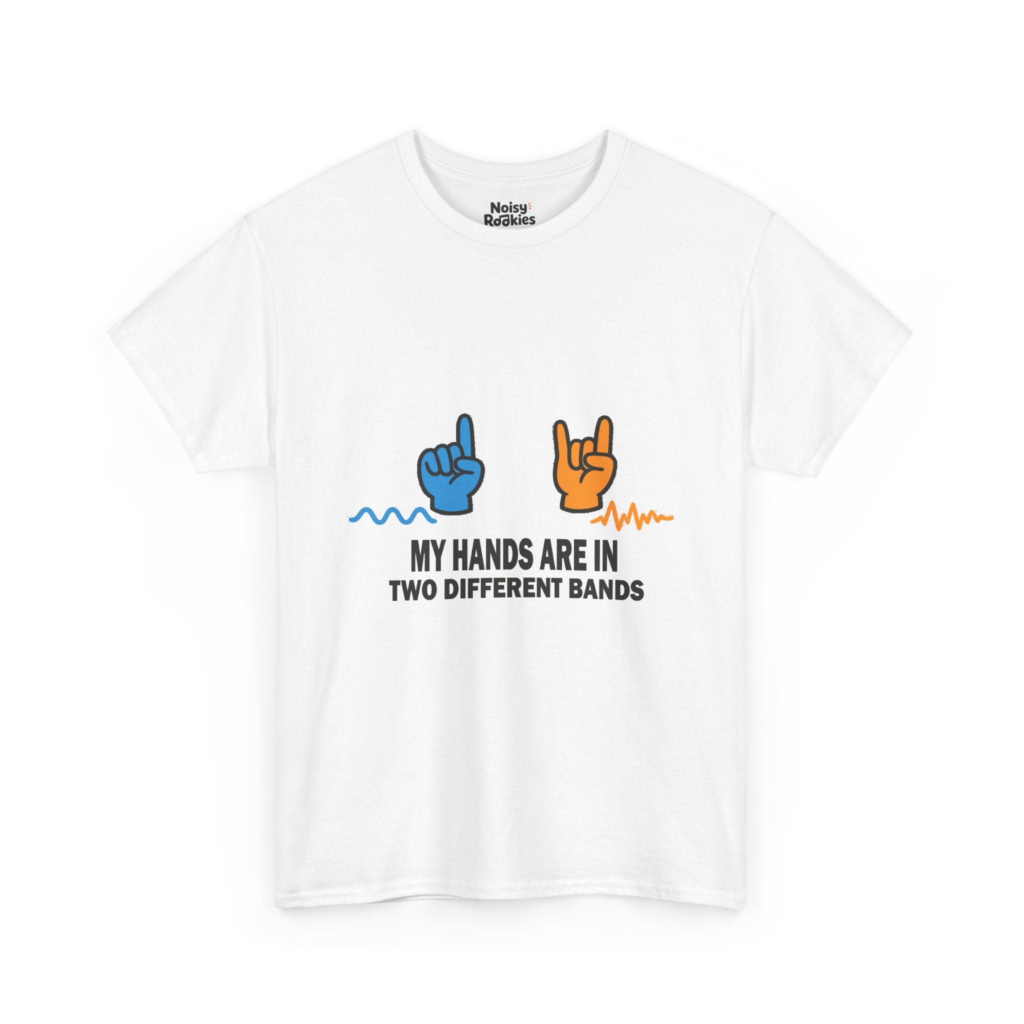 Dark-ink t-shirt design of two hands making different gestures over two different sound waveforms, above the words My Hands Are in Two Different Bands.