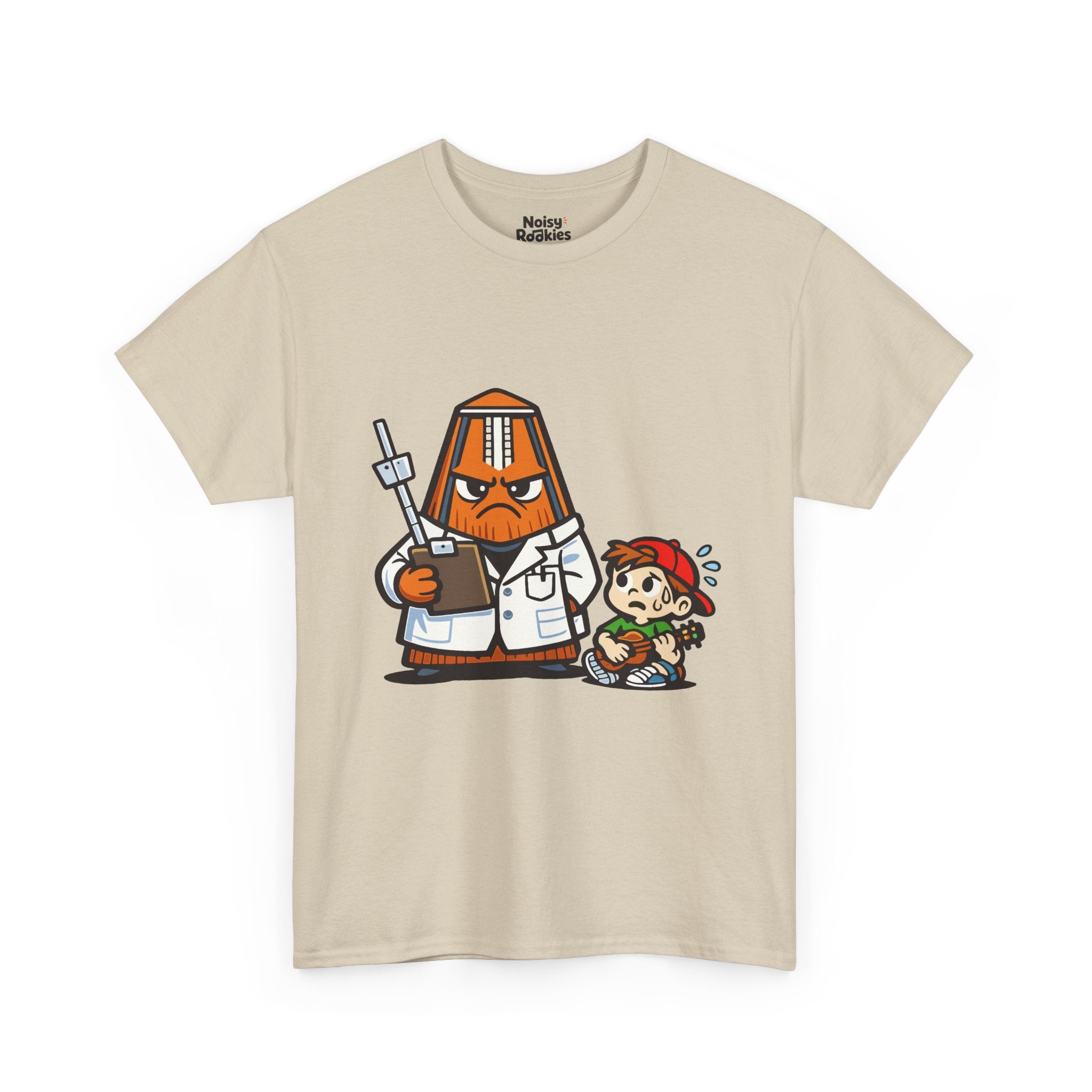 Light-shirt design of a cartoon metronome dressed as a stern doctor in a white coat holding a clipboard, with a nervous, sweating beginner sitting beside it.