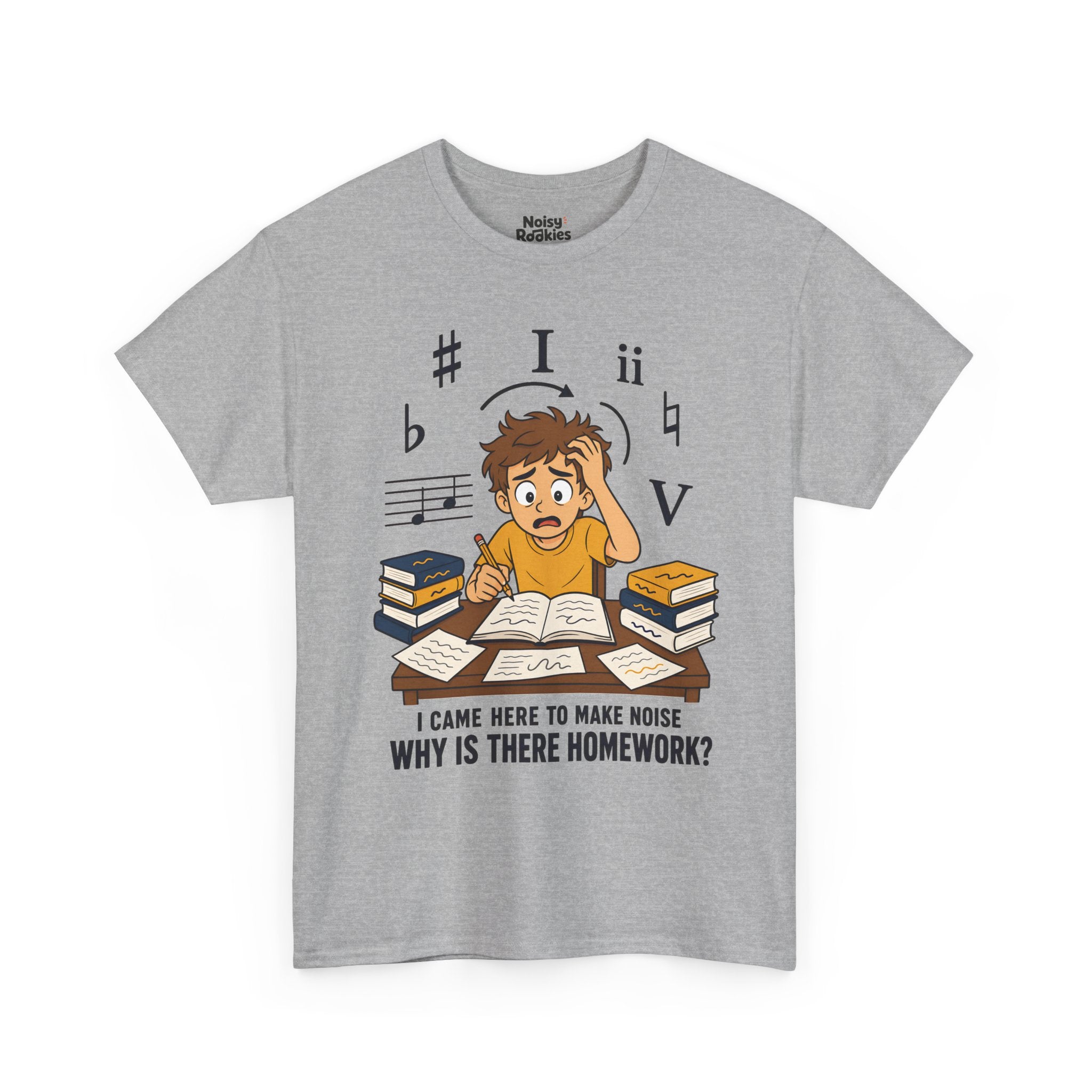 Cartoon illustration of an overwhelmed young beginner musician at a desk piled with theory books and loose papers, holding a pencil and gripping his hair, surrounded by oversized dark blue music symbols including a sharp, a flat, a natural, the Roman numerals I, ii and V, and a staff fragment. Dark blue text below reads I came here to make noise, why is there homework?
