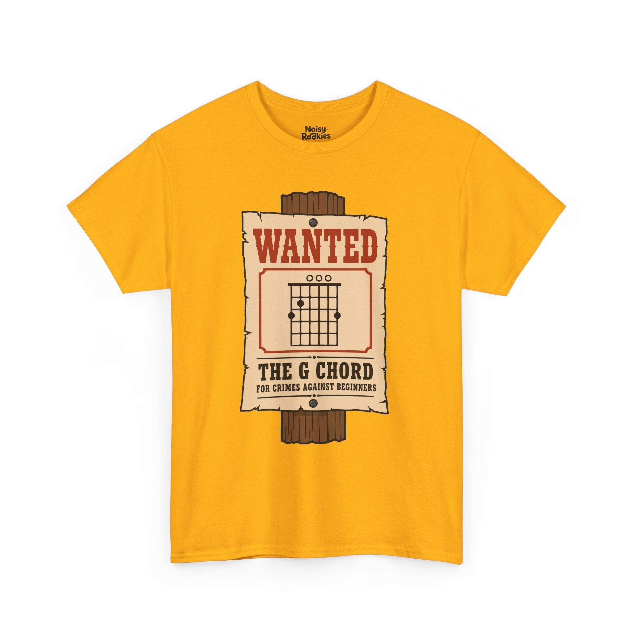 Vintage western wanted poster nailed to a wooden post, with a G major open guitar chord diagram as the mugshot and the words Wanted, The G Chord, For Crimes Against Beginners.