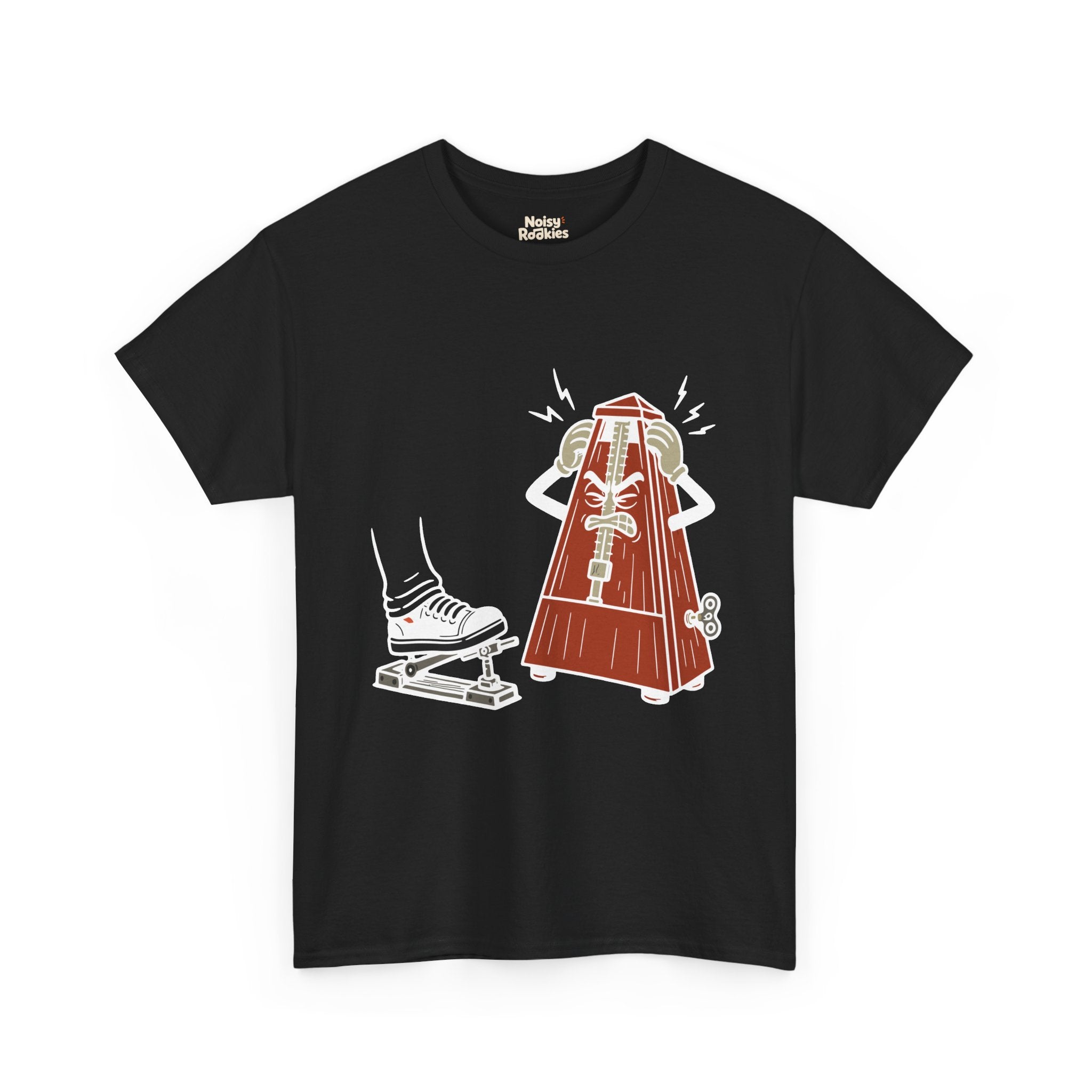 Cartoon illustration of a rust red wooden wind-up metronome character with an angry, gritted-teeth face, gripping the sides of its own head with both gloved hands while jagged anger bolts radiate around it, glaring at a motionless sneaker resting on a hi-hat pedal. Cream and white line work, no text on the design.