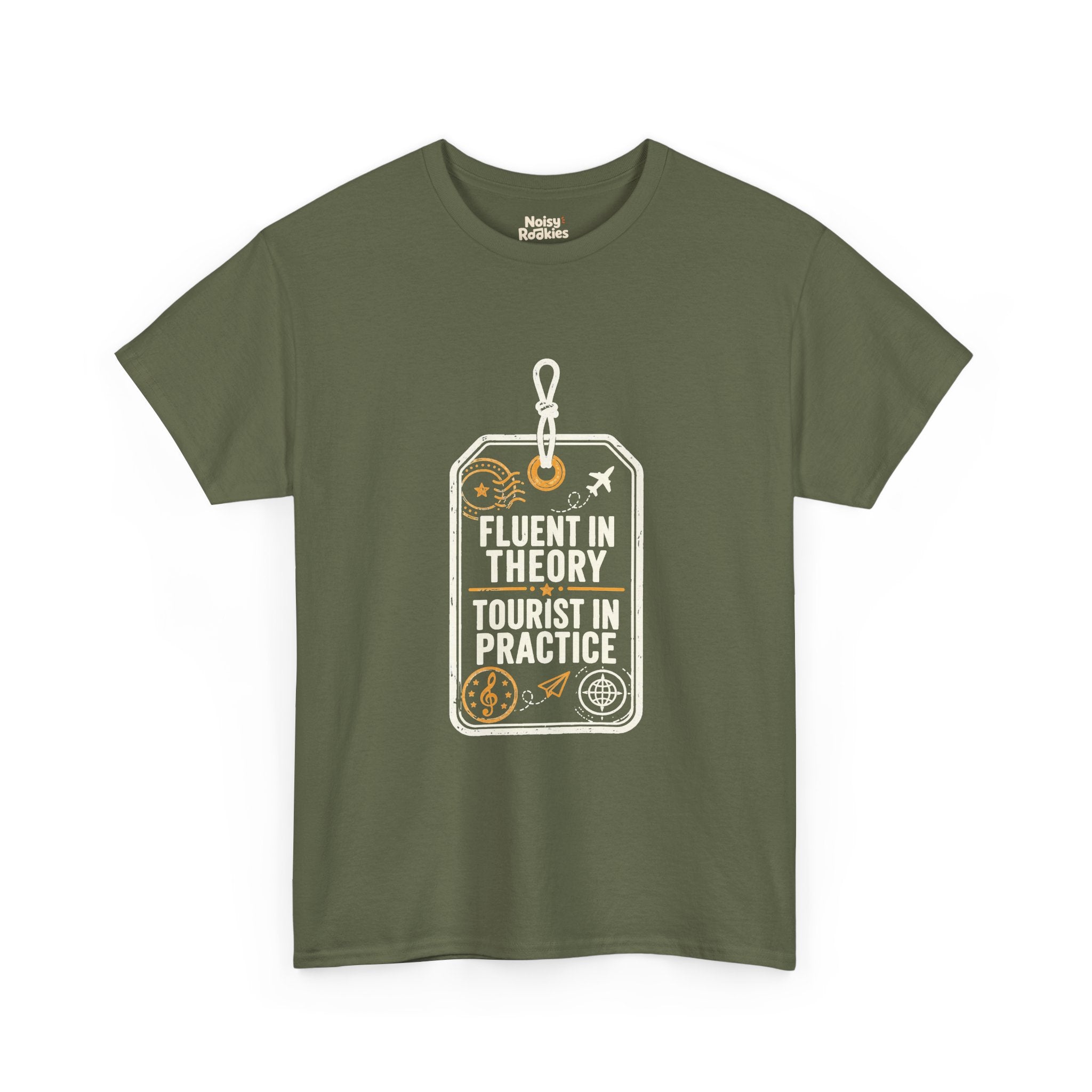 Vintage luggage tag graphic in light grey and gold reading Fluent in Theory, Tourist in Practice, with a treble clef passport stamp, airplane flight path, paper plane, and globe compass doodles.