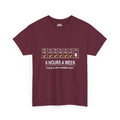 Light-ink t-shirt design of a weekly calendar with music practice checked Monday to Saturday and Sunday skipped, above the words 6 Hours a Week, Please Allow 6 to 8 Business Years.