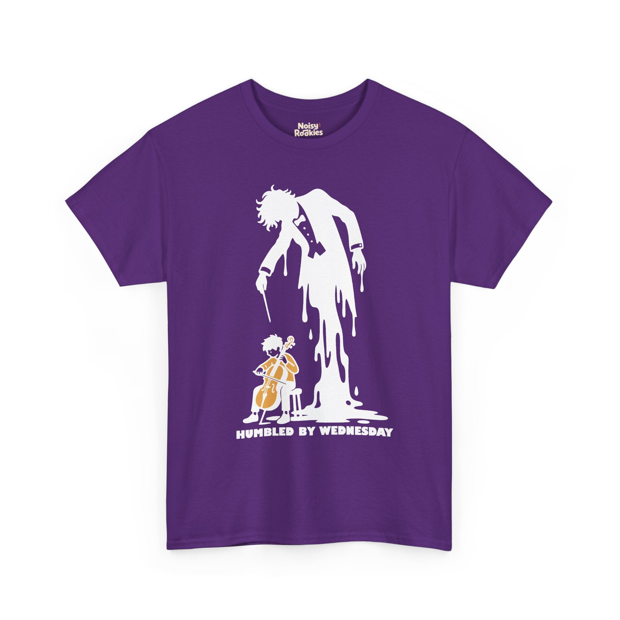 Illustration of a small beginner seated on a stool playing a cello, while a huge tuxedoed maestro silhouette with wild hair and a drooping baton melts and pours down into a puddle behind them, above the words HUMBLED BY WEDNESDAY, printed in white ink.