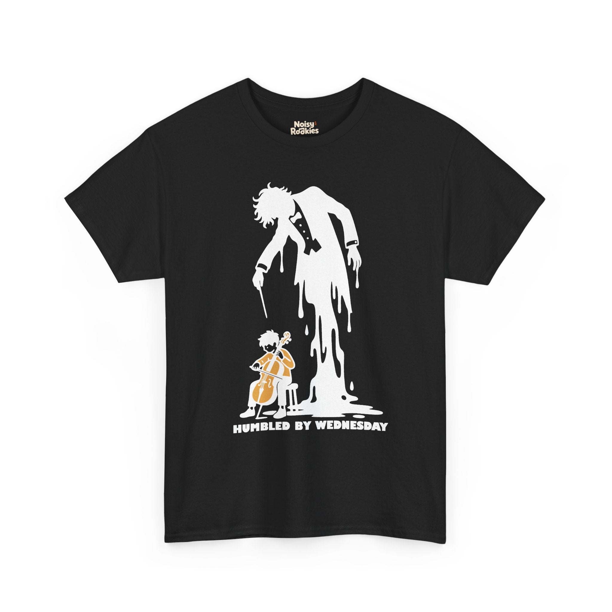 Illustration of a small beginner seated on a stool playing a cello, while a huge tuxedoed maestro silhouette with wild hair and a drooping baton melts and pours down into a puddle behind them, above the words HUMBLED BY WEDNESDAY, printed in white ink.