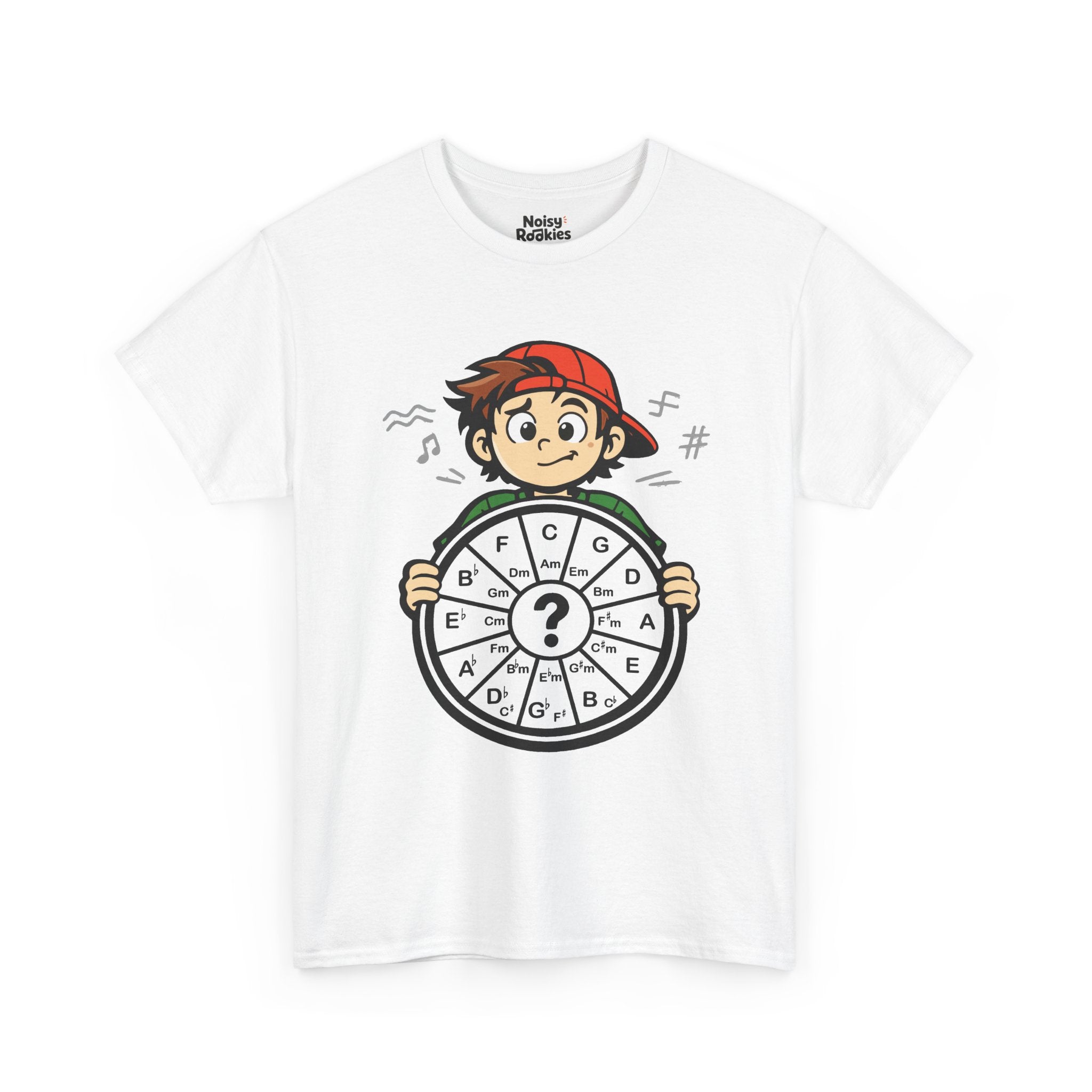 Light-shirt design of a confused cartoon kid in a backward cap holding up a hand-drawn circle of fifths wheel with a large question mark in the center.