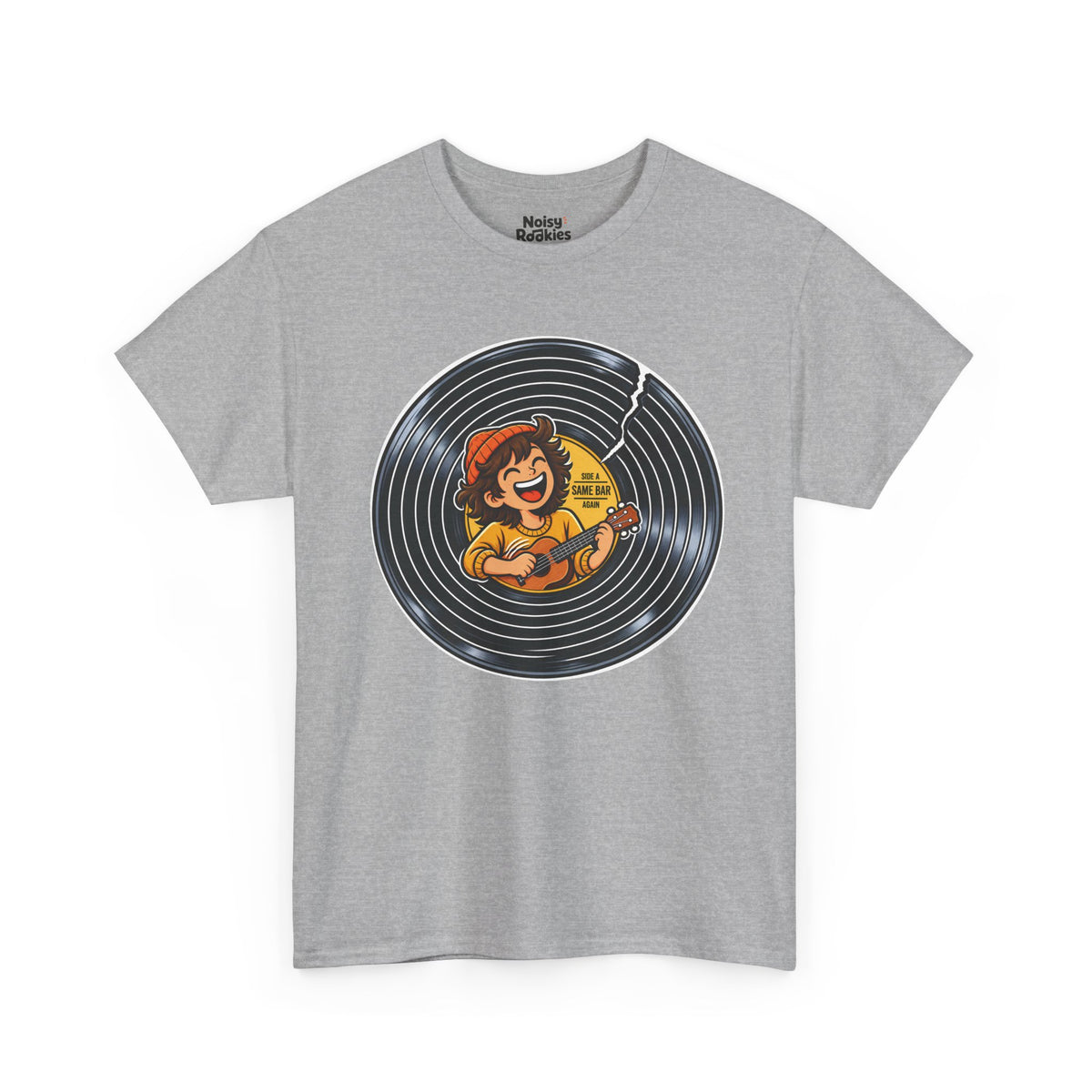 A cracked black vinyl record with a yellow center label. A laughing young musician in an orange beanie plays a ukulele across the label, beside the words Side A, Same Bar, Again.