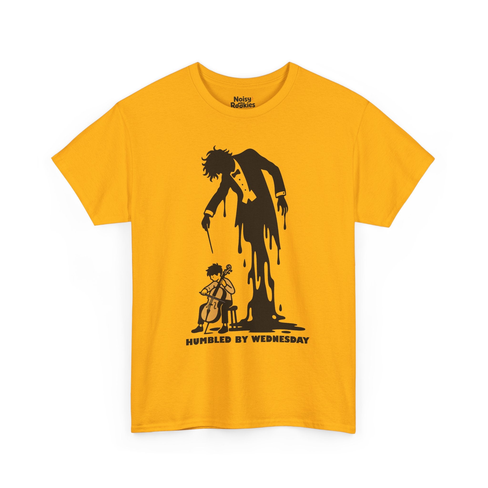 Illustration of a small beginner seated on a stool playing a cello, while a huge tuxedoed maestro silhouette with wild hair and a drooping baton melts and pours down into a puddle behind them, above the words HUMBLED BY WEDNESDAY, printed in black ink.