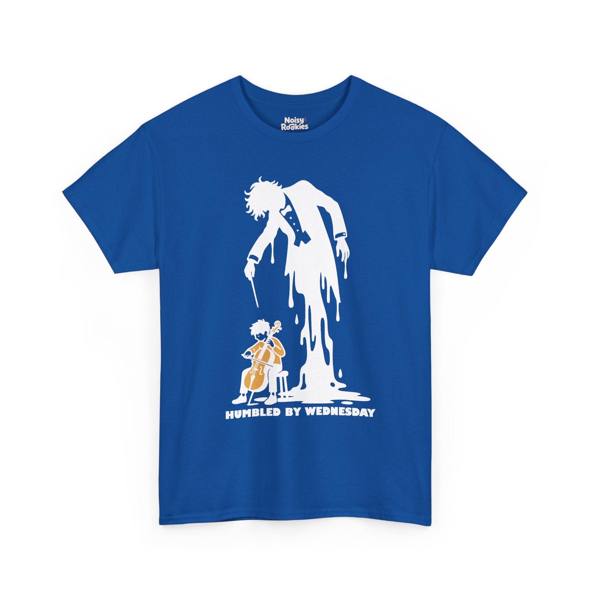 Illustration of a small beginner seated on a stool playing a cello, while a huge tuxedoed maestro silhouette with wild hair and a drooping baton melts and pours down into a puddle behind them, above the words HUMBLED BY WEDNESDAY, printed in white ink.
