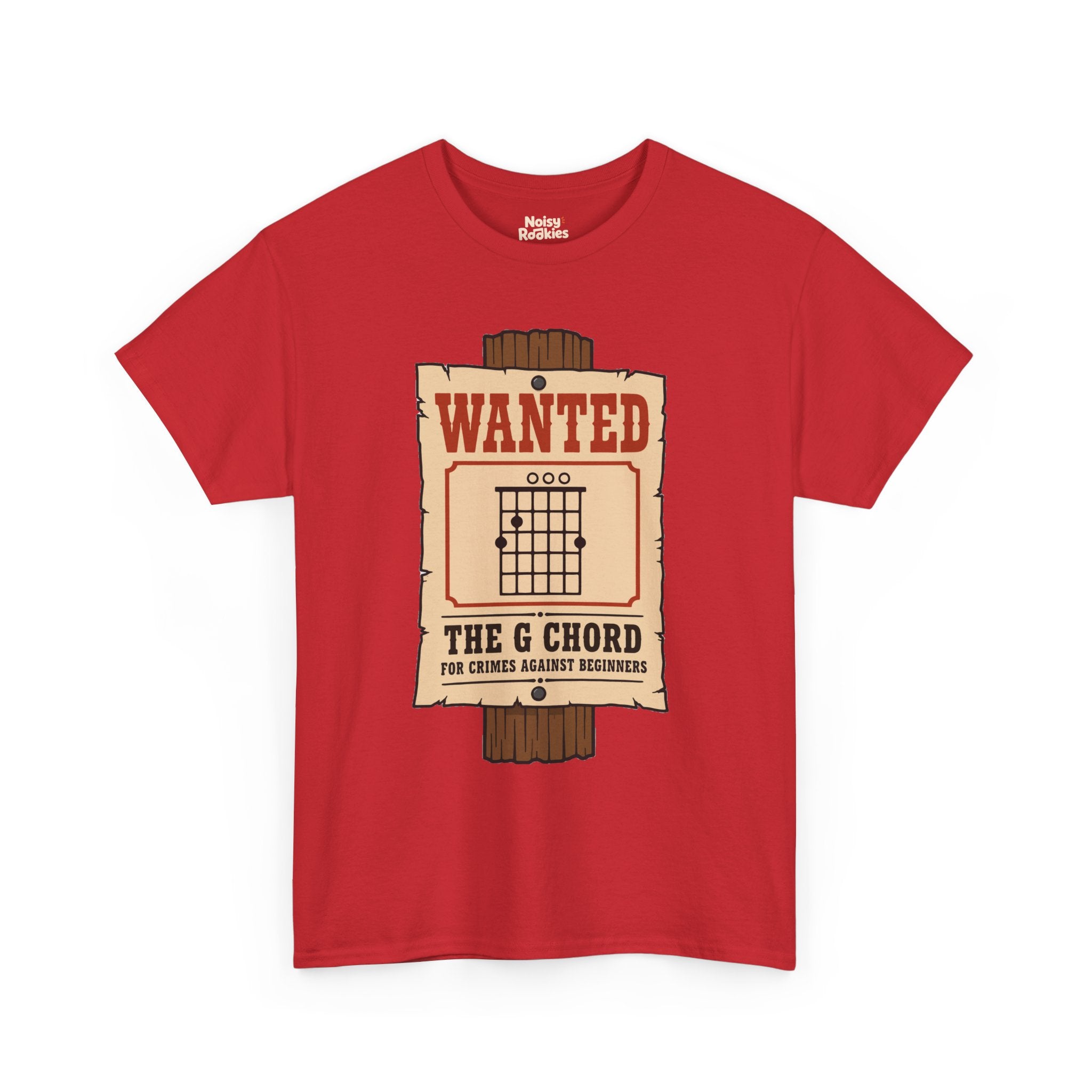 Vintage western wanted poster nailed to a wooden post, with a G major open guitar chord diagram as the mugshot and the words Wanted, The G Chord, For Crimes Against Beginners.