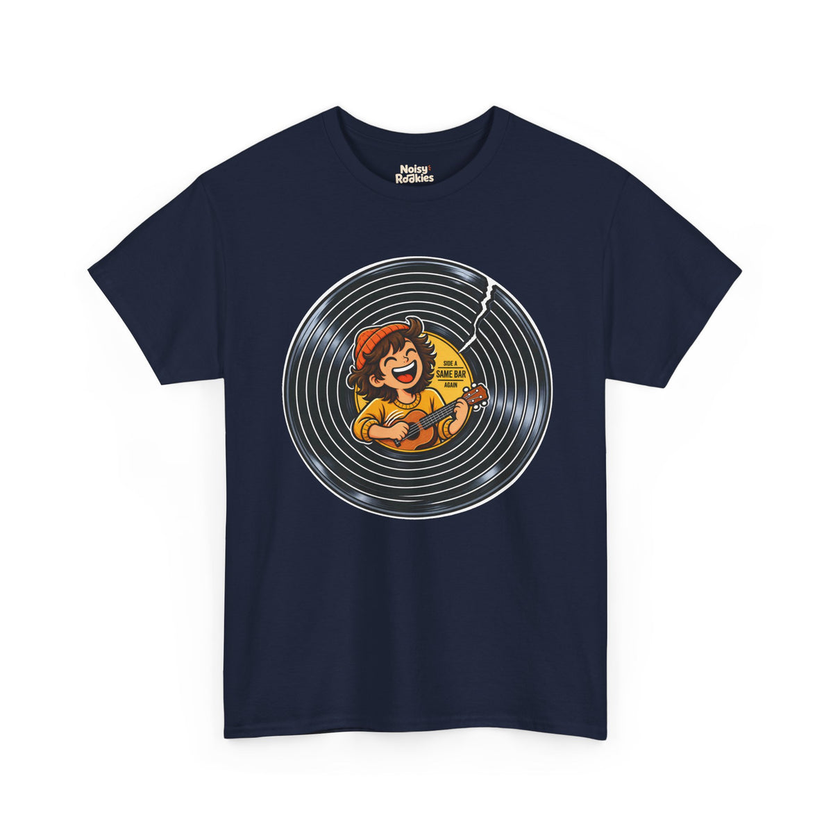 A cracked black vinyl record with a yellow center label. A laughing young musician in an orange beanie plays a ukulele across the label, beside the words Side A, Same Bar, Again.