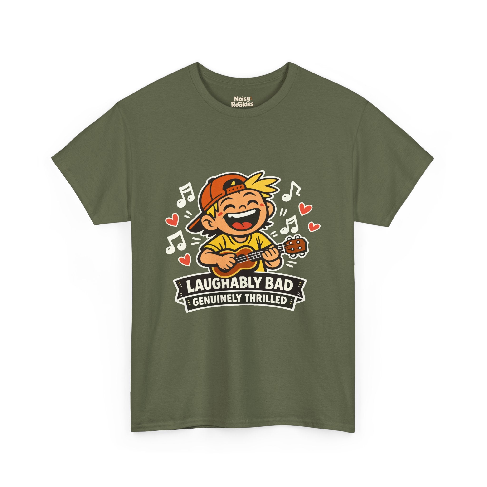 Dark-shirt design of a beaming cartoon kid in a backward cap strumming a ukulele, surrounded by music notes and hearts, over a banner reading Laughably Bad Genuinely Thrilled.
