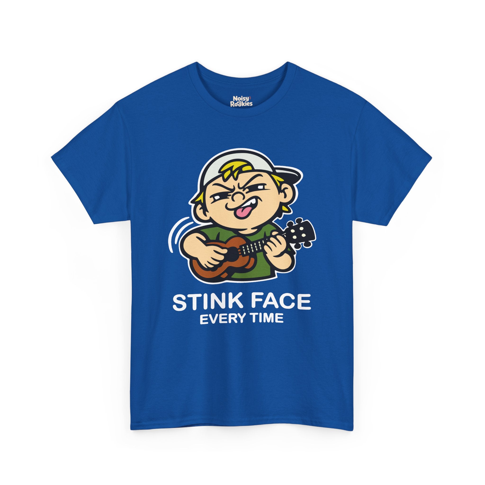The same cartoon kid strumming a ukulele with the concentration grimace, outlined in a white keyline so the black linework lifts off a dark shirt. White caption beneath reads STINK FACE on the first line and EVERY TIME on the second.